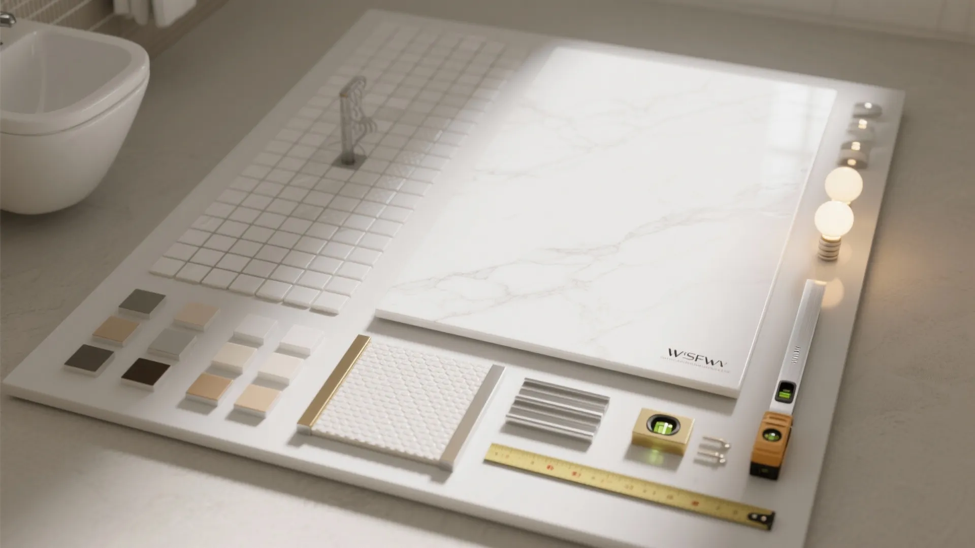 Collection of white marble tiles and small color samples arranged with measuring tools on a table