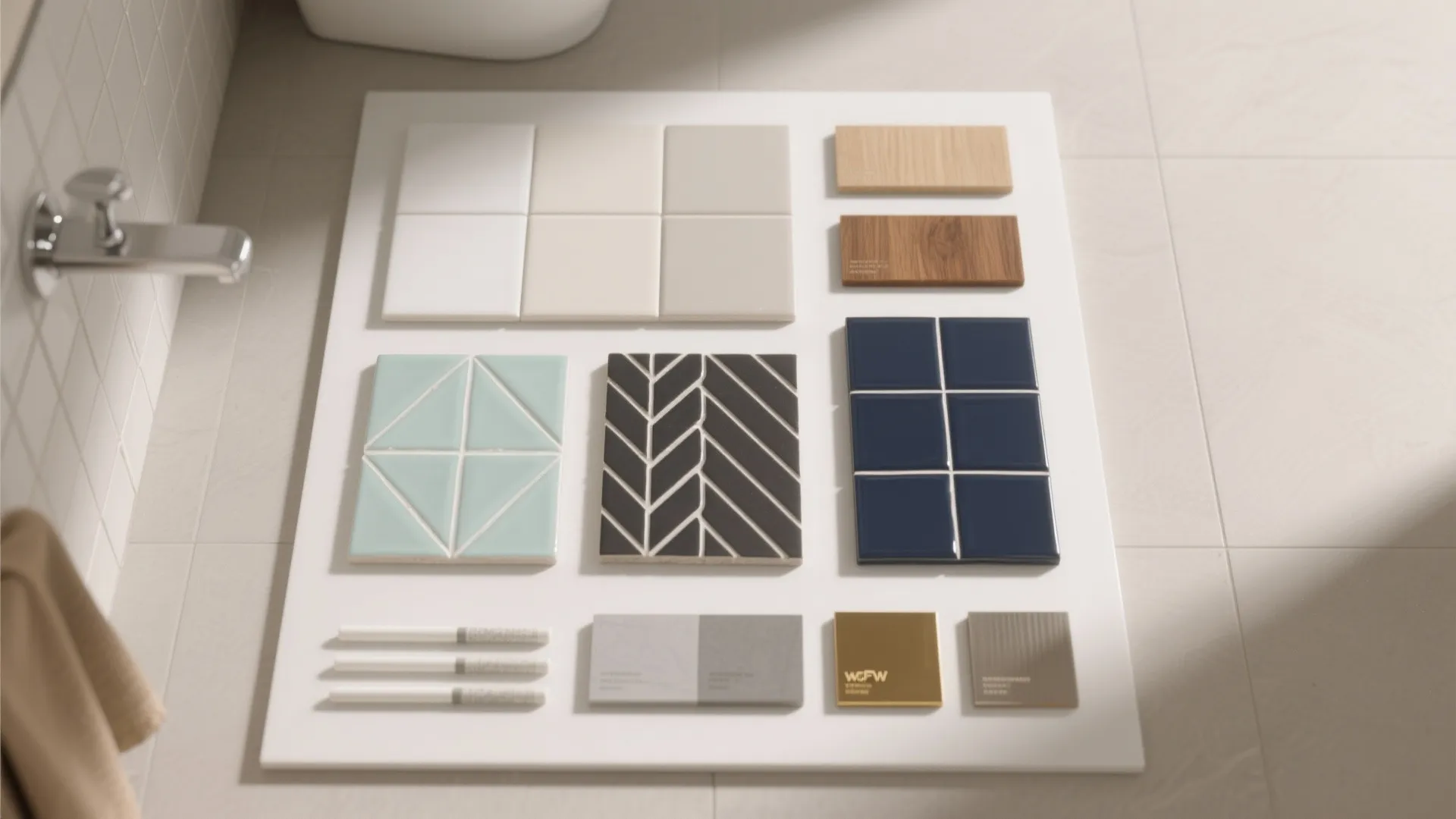 Material mood board featuring various bathroom tiles in blue light green white and wood textures
