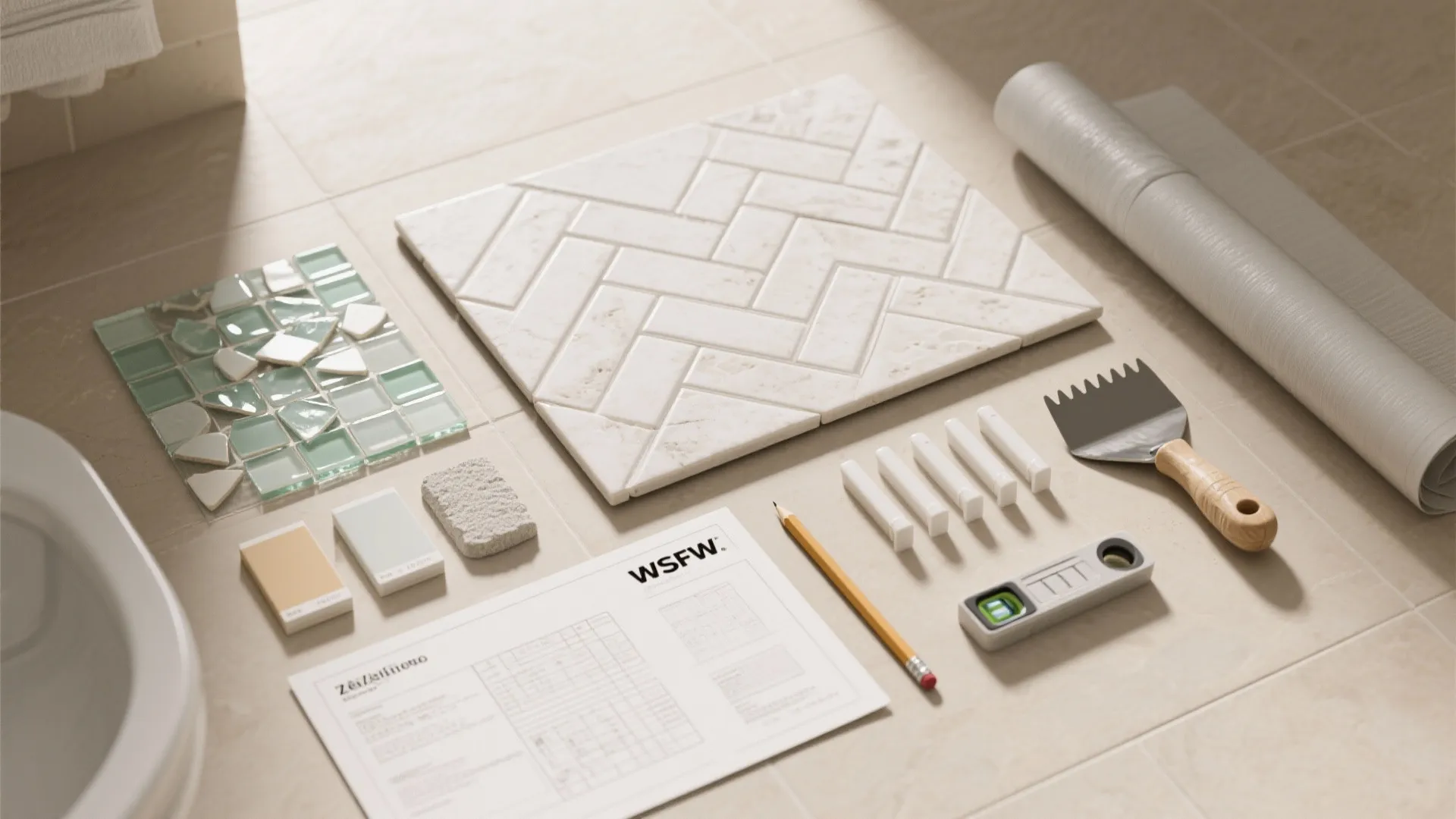 Bathroom floor with white patterned tiles green mosaic tiles tools pencil and paper for renovation