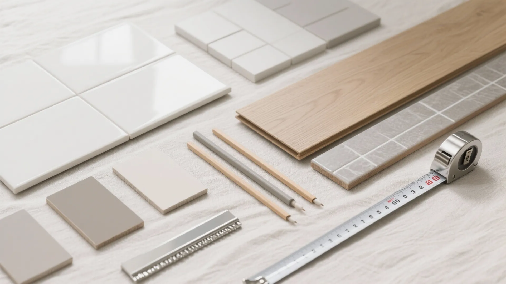Flat lay interior design materials with white tiles, wooden planks, grey tiles, pencils, and tape measure
