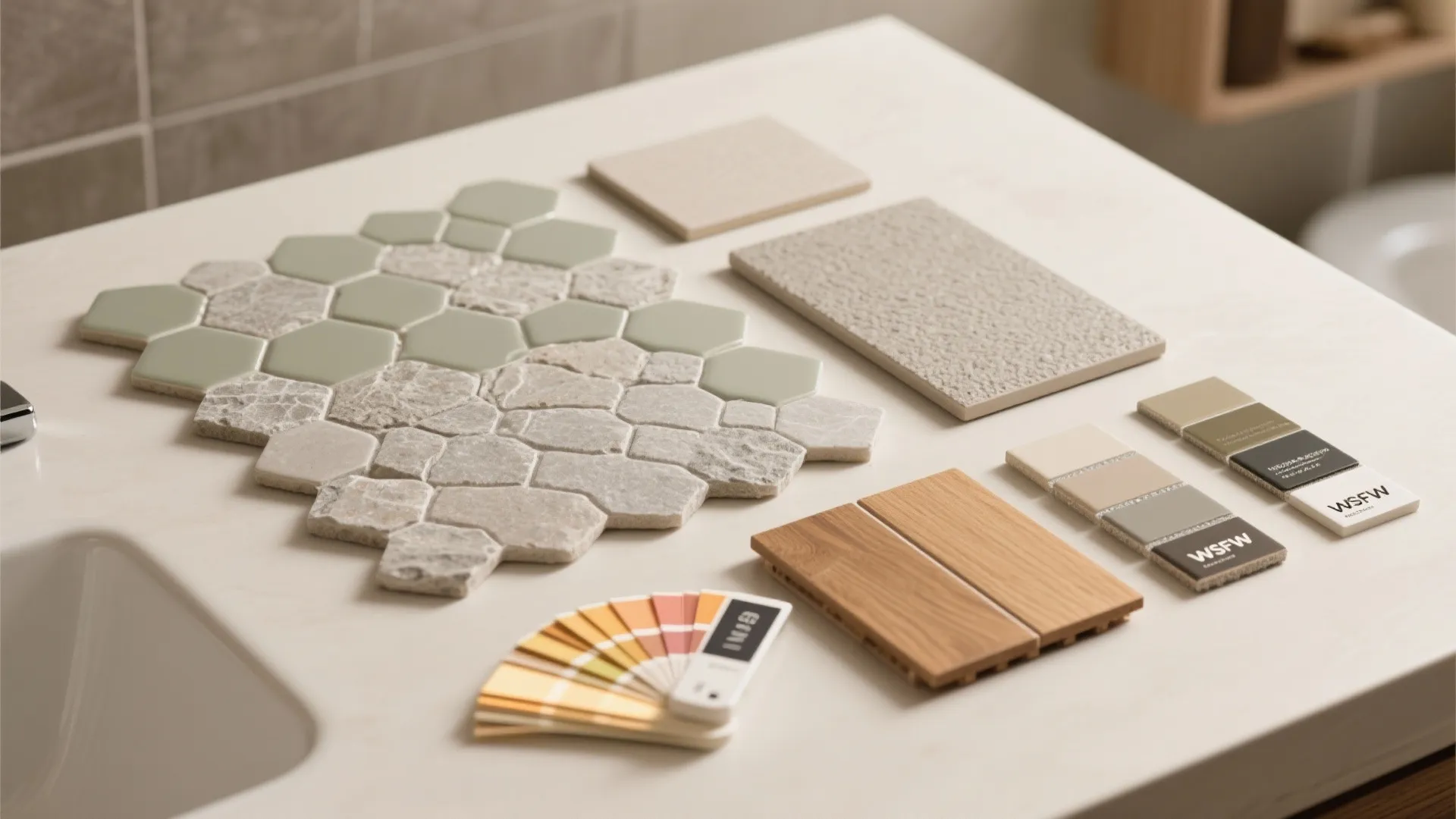 Flat lay of bathroom tile samples and epoxy grout swatches showing textures and warm neutral tones.