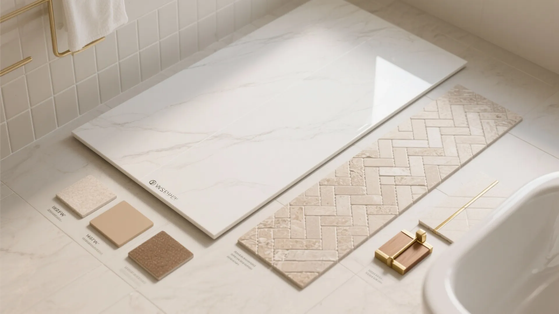 Material selection for bathroom showing white marble tiles patterned beige tiles and small square color samples