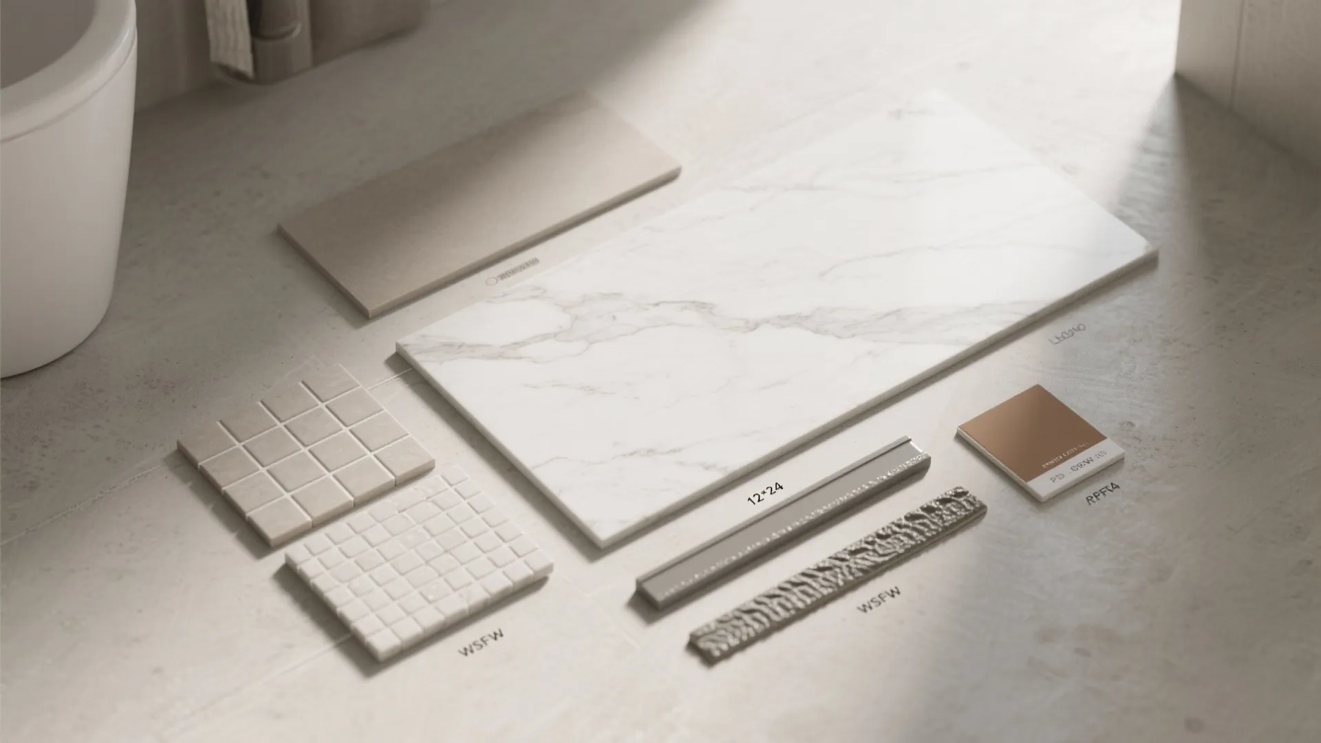 Flat lay of large wall tile, 12x24 floor tile, 2x2 mosaic, trims, and epoxy grout in a neutral palette.