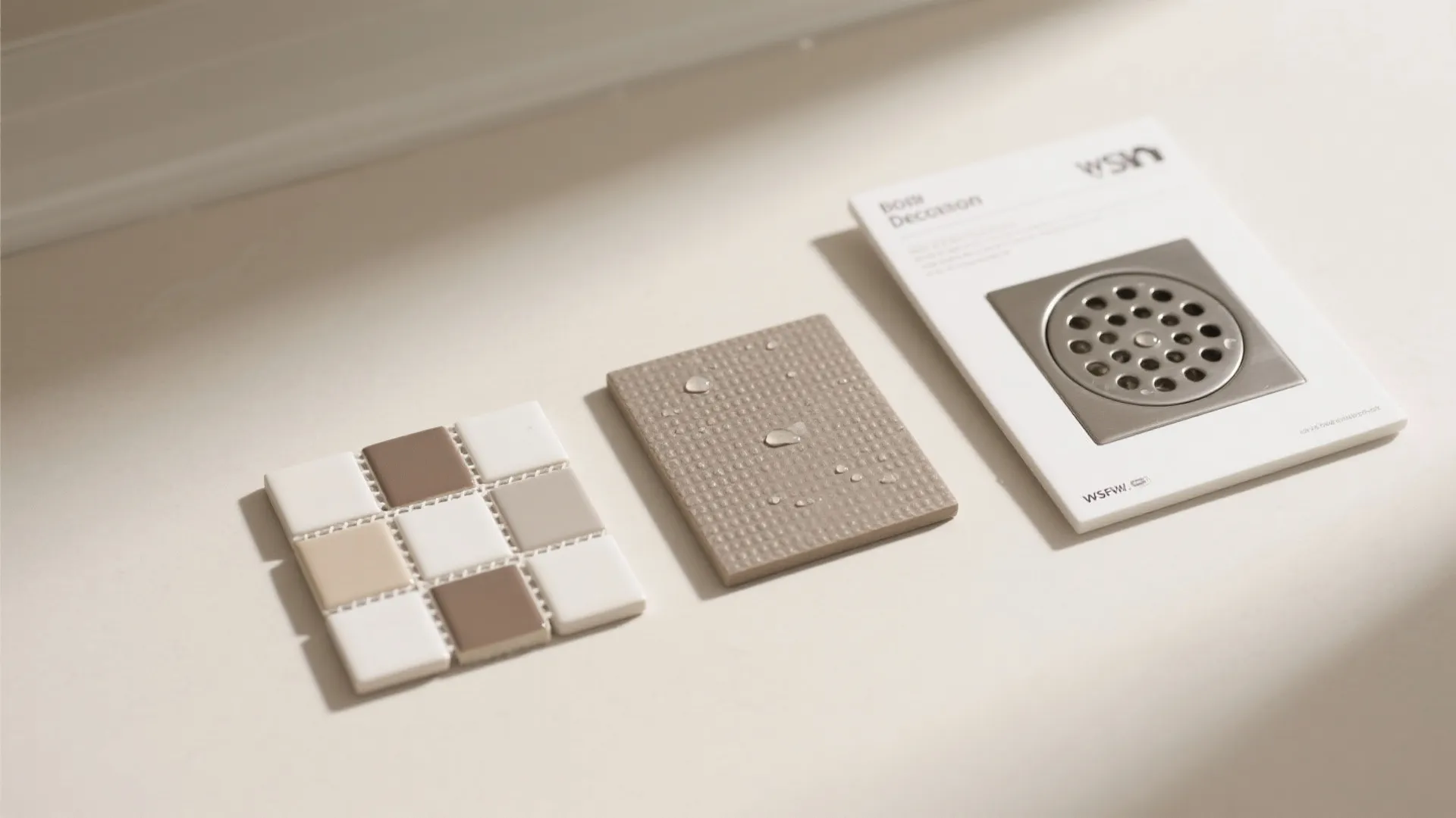 Top-down layout of bathroom tile samples, mosaics, and grout swatches arranged for easy comparison.