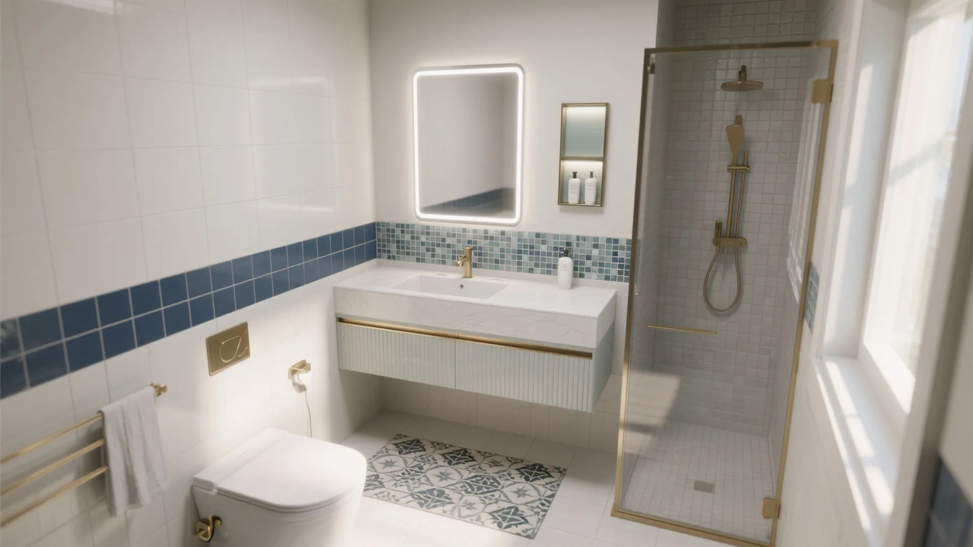 Modern bathroom with white wall tiles blue mosaic accents glass shower door and marble top sink