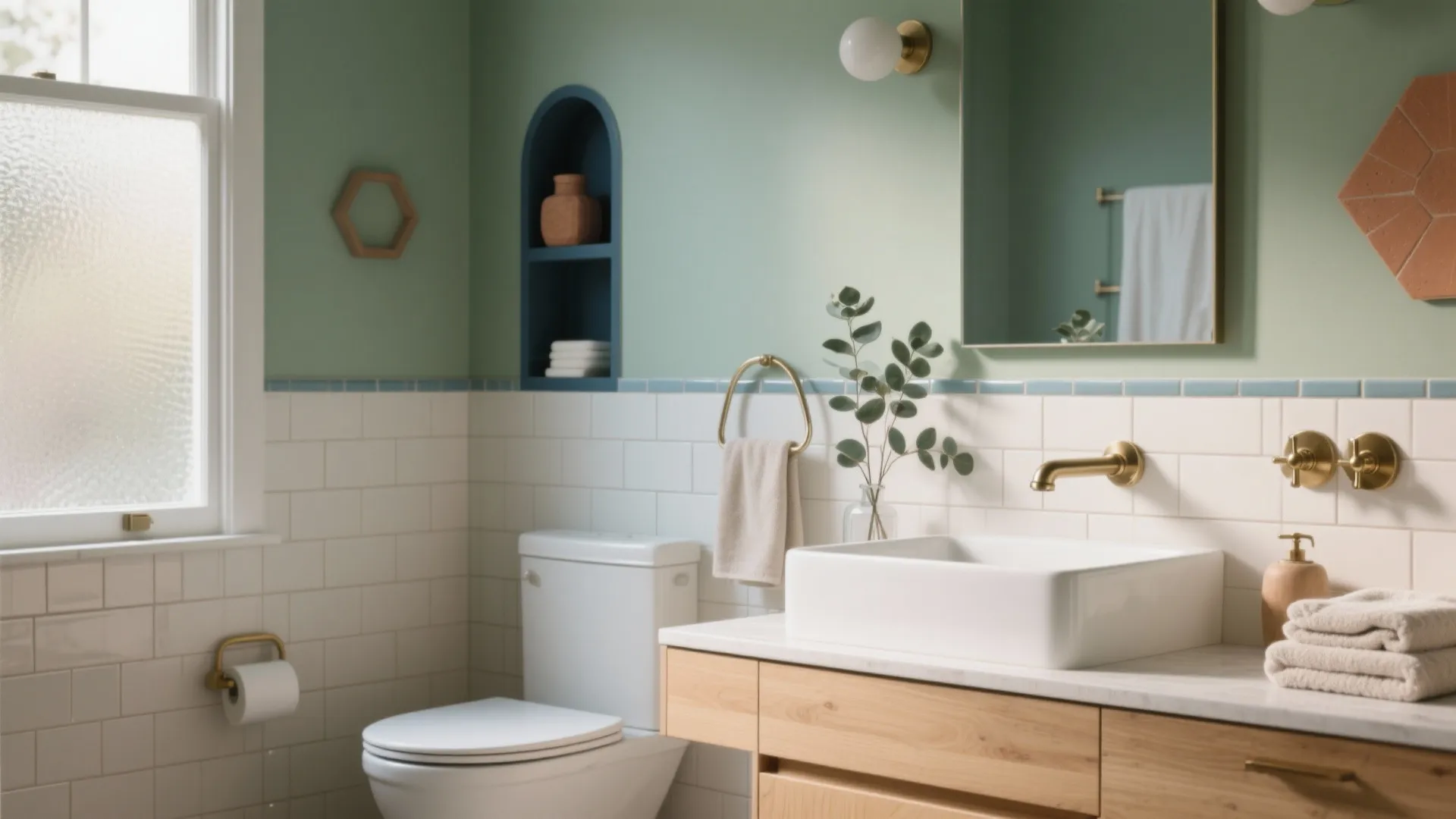 Bathroom featuring light green walls, white wall tiles, wooden cabinet, white sink, and gold faucet