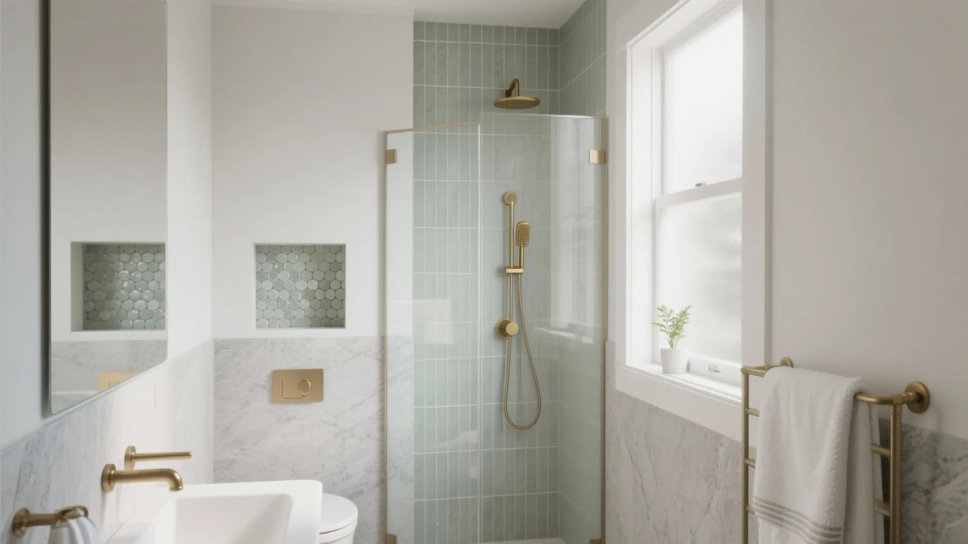Modern bathroom featuring green vertical wall tiles in shower area with gold faucets and fixtures