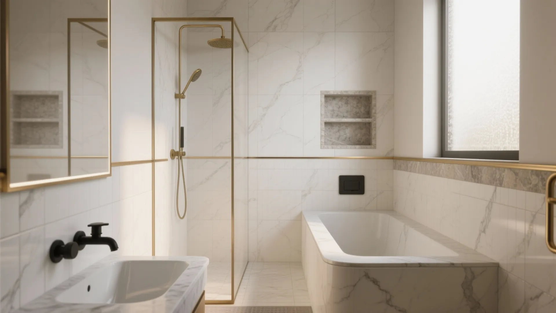 Luxury bathroom interior with white marble walls gold shower frame bathtub sink and bright light