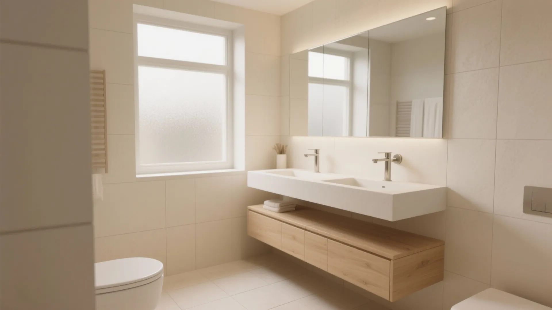 Minimalist bathroom interior with wooden floating cabinet, white sink, large mirror, window, and wall tiles