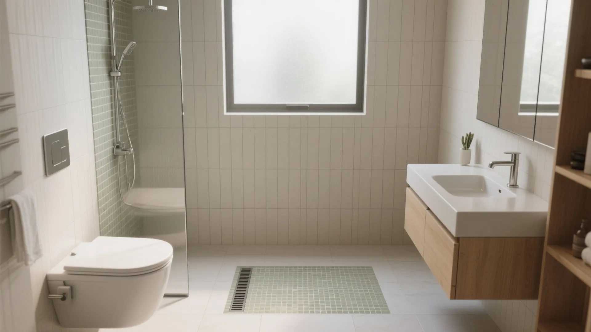Bright bathroom showing green mosaic shower tiles beside a white toilet and floating wood sink