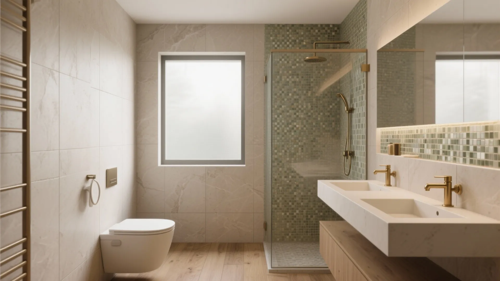 Luxury bathroom with glass shower green mosaic tiles marble double sink wood floor and gold accents