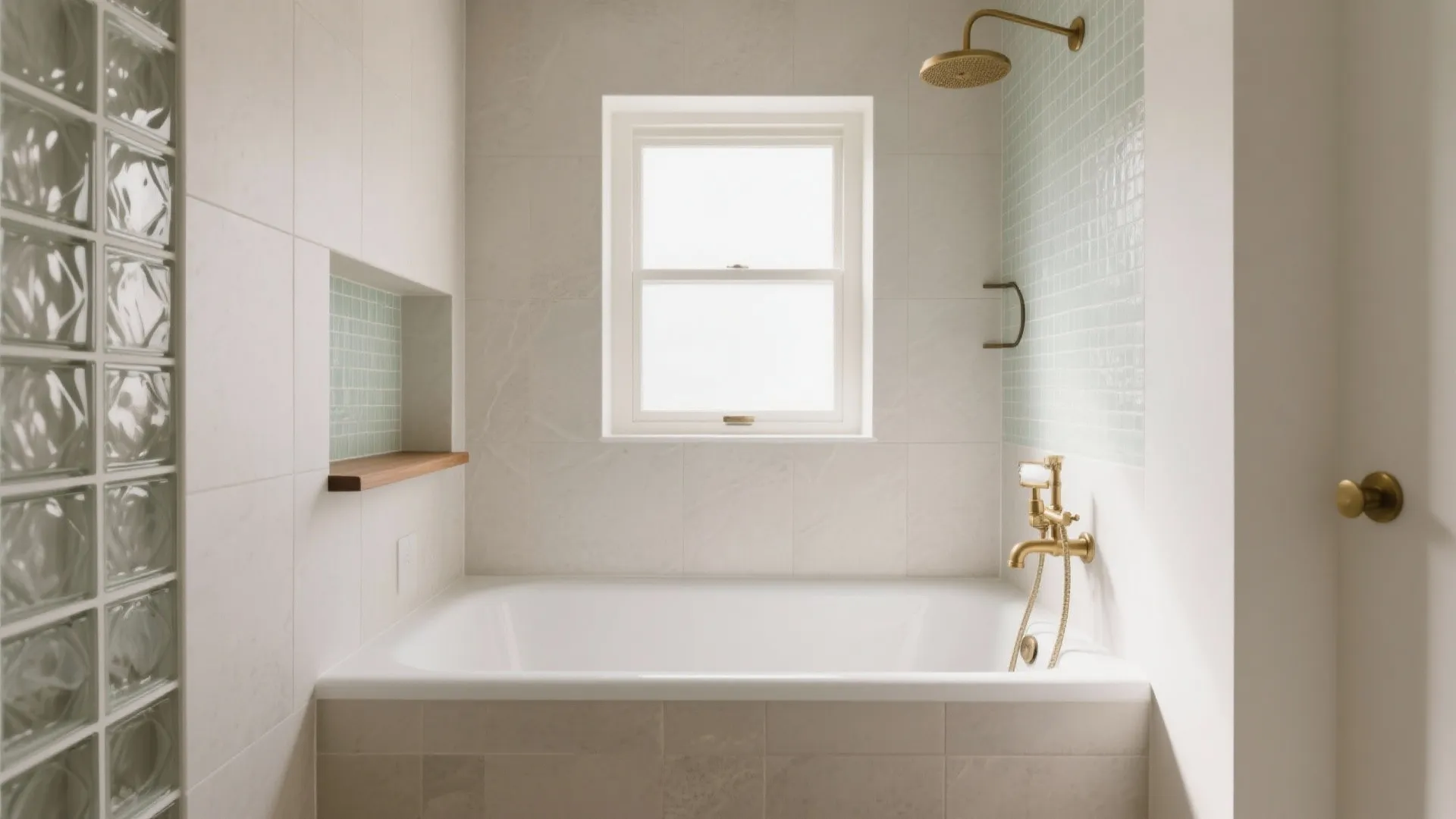 Bright bathroom with white bathtub gold shower head and light green glass block wall design