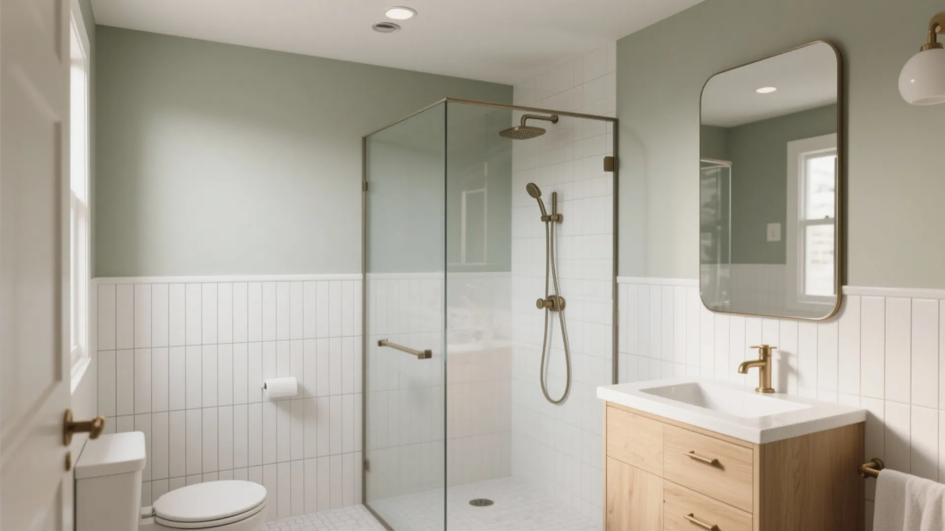 Full bathroom view with glass shower green walls white wall panels and wood sink cabinet