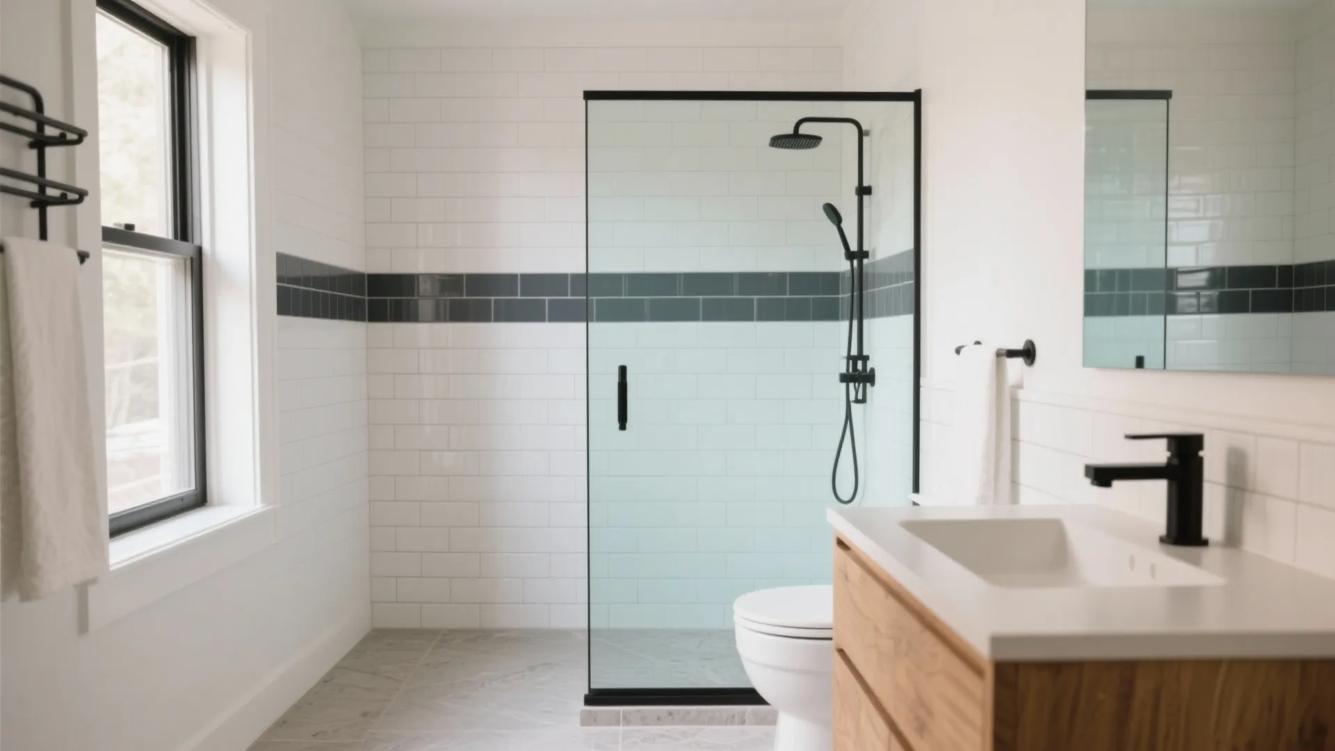 Bright bathroom design with white tiled walls, wood vanity, glass shower door, and large window