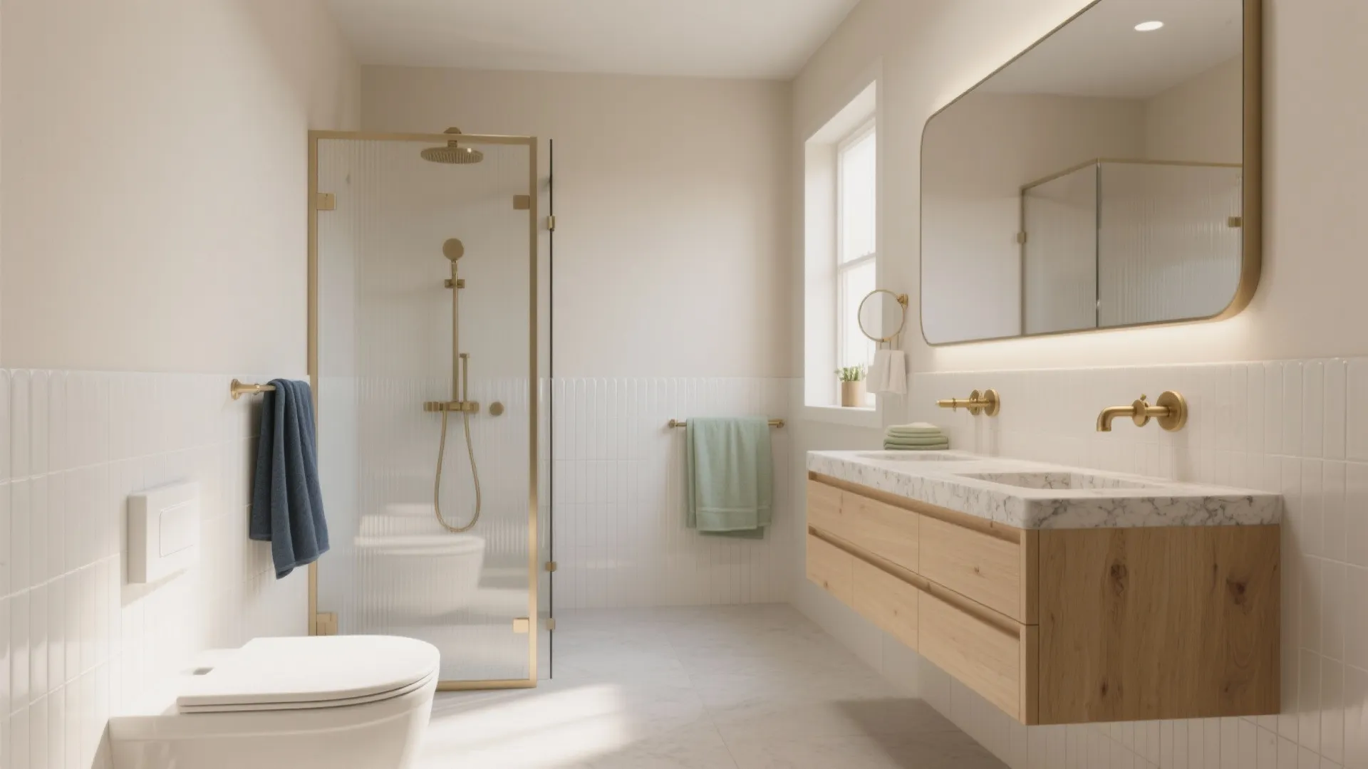 Bright bathroom with large wooden cabinet, marble countertop, gold light fixtures, and glass shower area