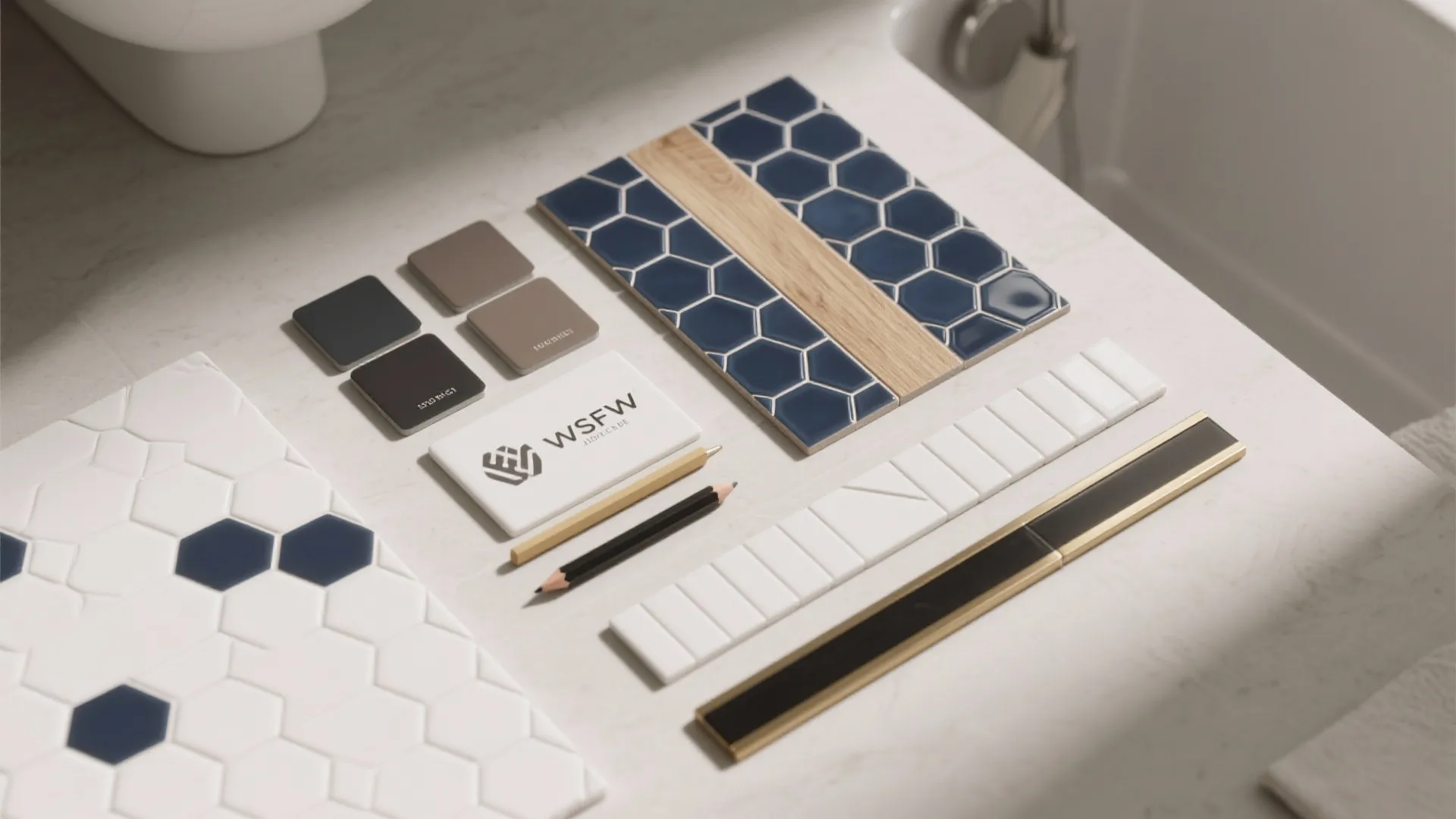 Top-down flat lay of tile samples, grout swatches, and trim pieces for bathroom design.