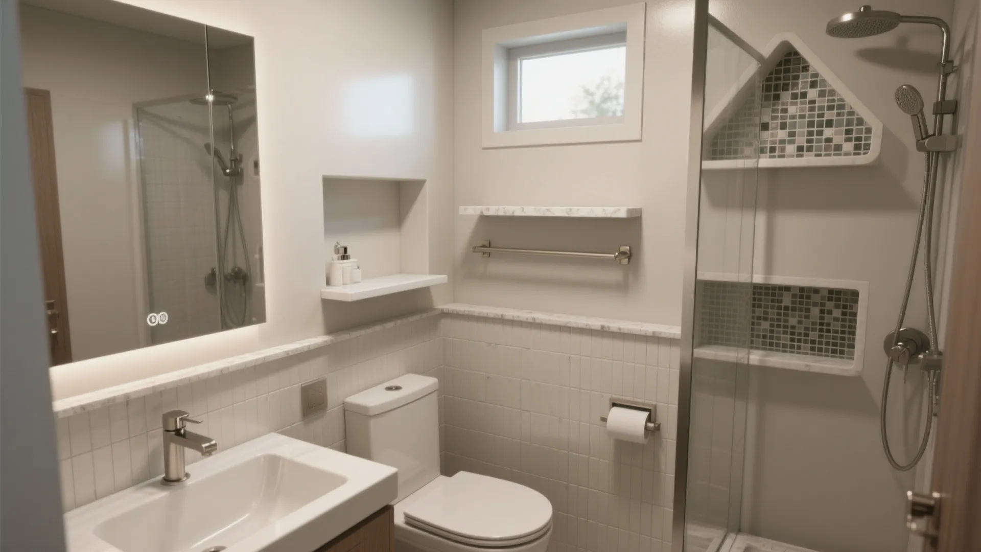 Modern bathroom with white sink mirror toilet and walk in shower featuring built in wall shelves