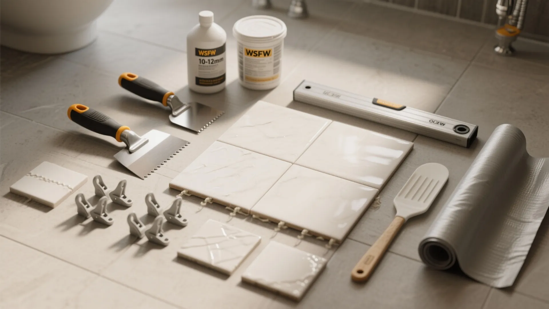 Bathroom floor tile installation tools including white ceramic tiles glue scrapers spacers and level ruler