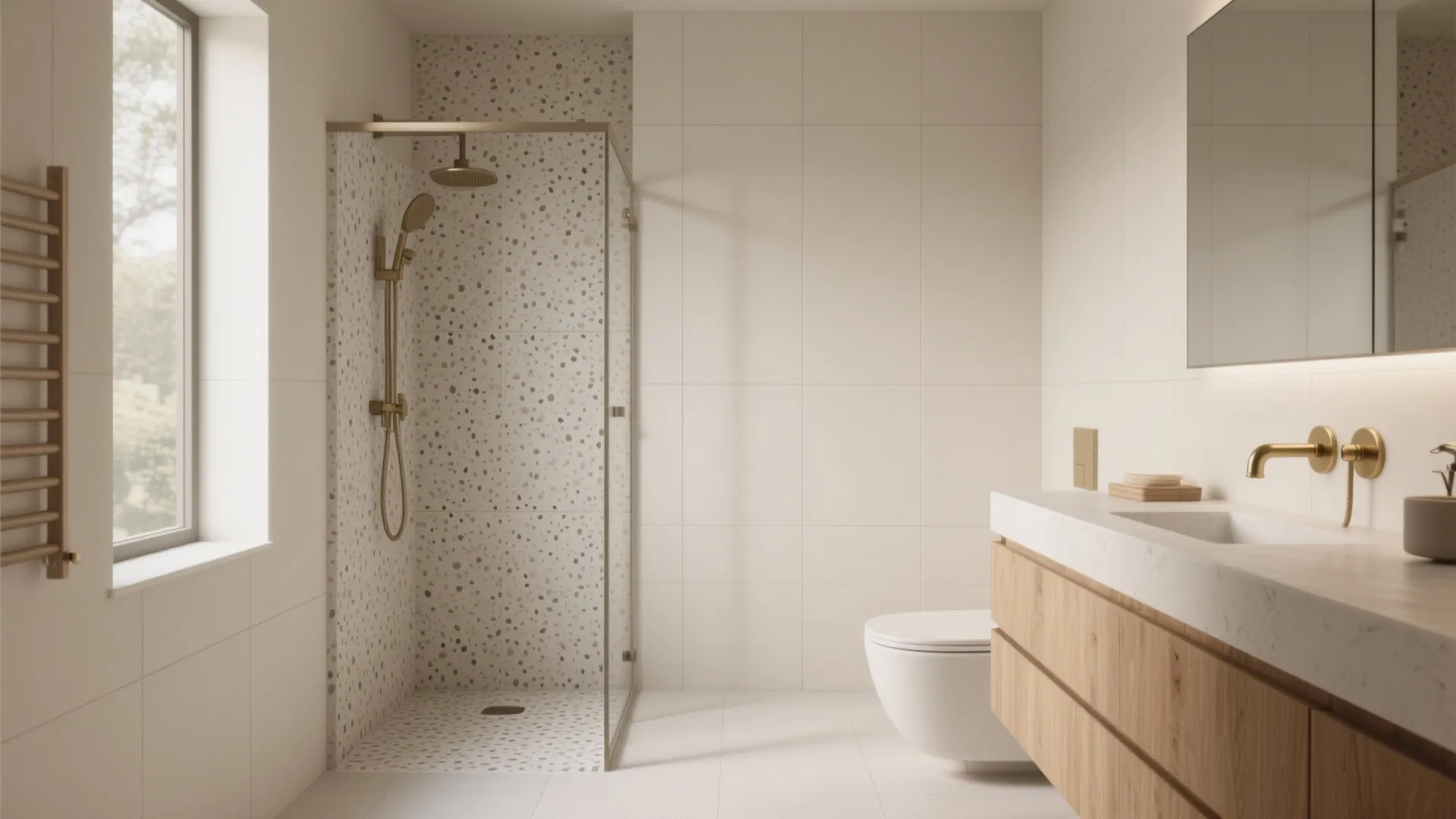 Contemporary bathroom featuring speckled shower tiles, wooden vanity, white countertop, gold faucets, and natural window light