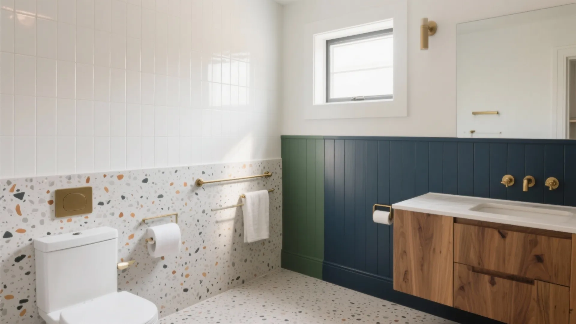Modern bathroom with white tiles terrazzo flooring toilet wood cabinet and blue wall panel design