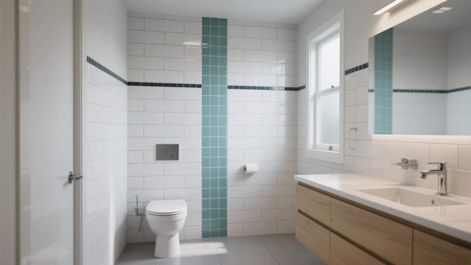 Modern bathroom interior showing white wall tiles with a vertical blue tile stripe and wood sink