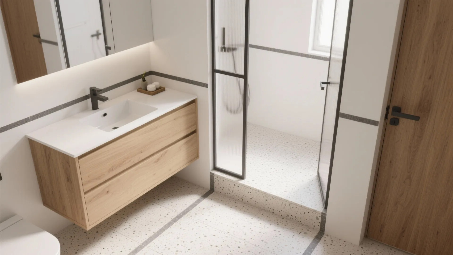 Modern bathroom with wooden cabinet white sink black tap terrazzo floor tiles and glass door
