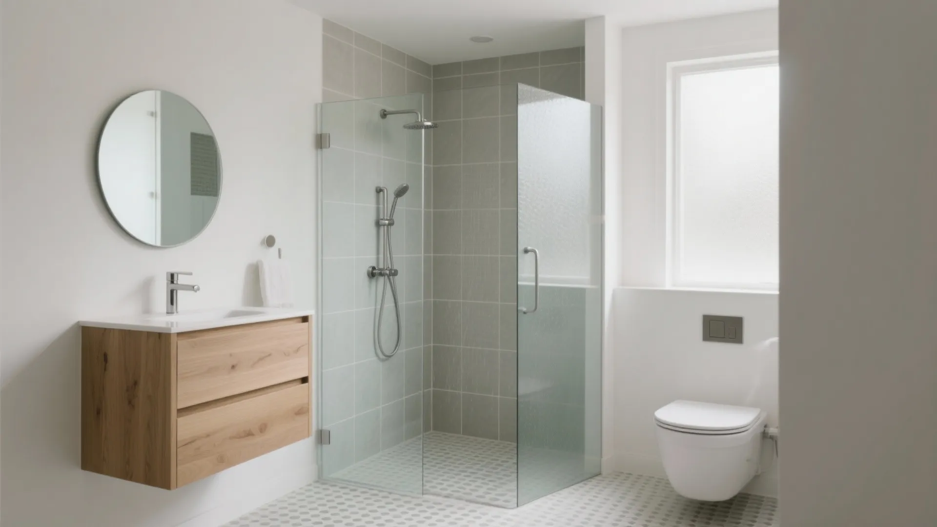 Modern white bathroom featuring wooden cabinet round mirror glass shower grey wall tiles and toilet