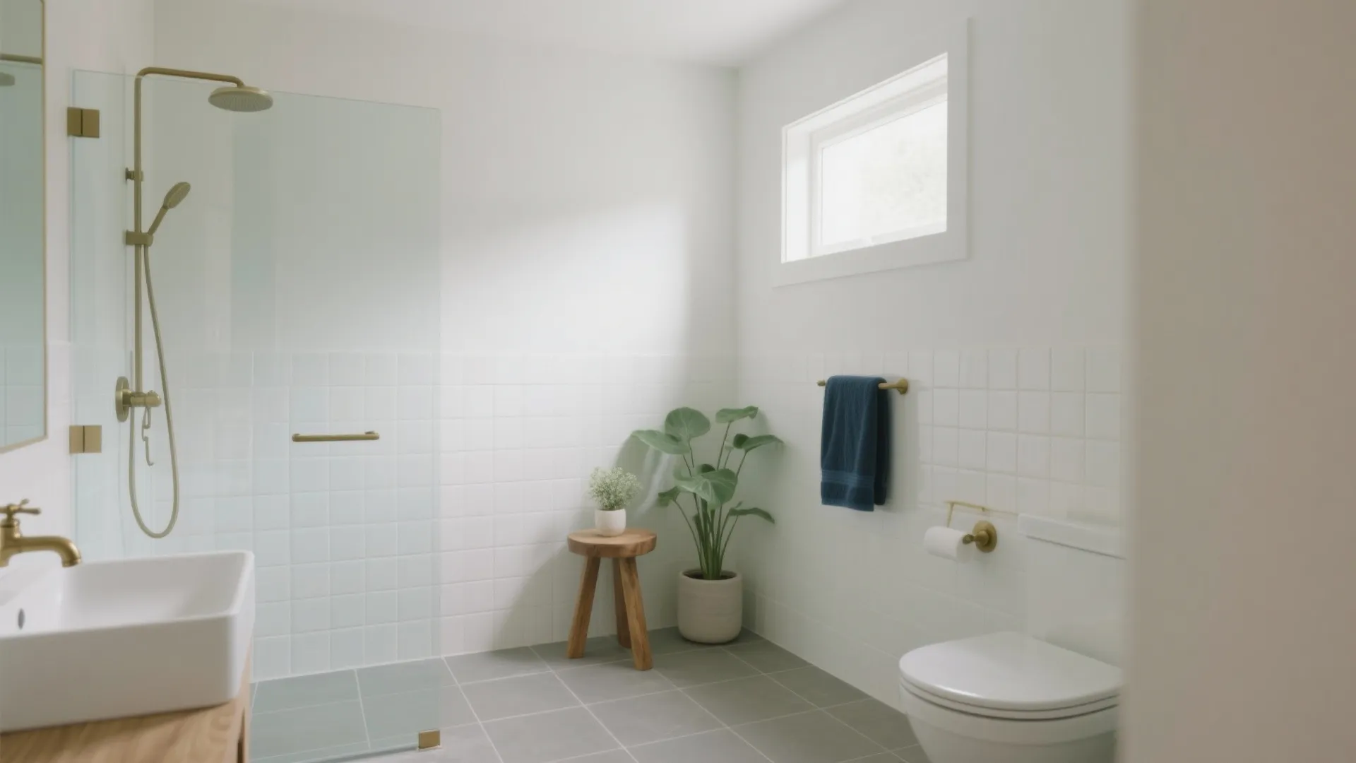 Modern white bathroom featuring glass shower door brass light fixture green plants and grey floor tiles