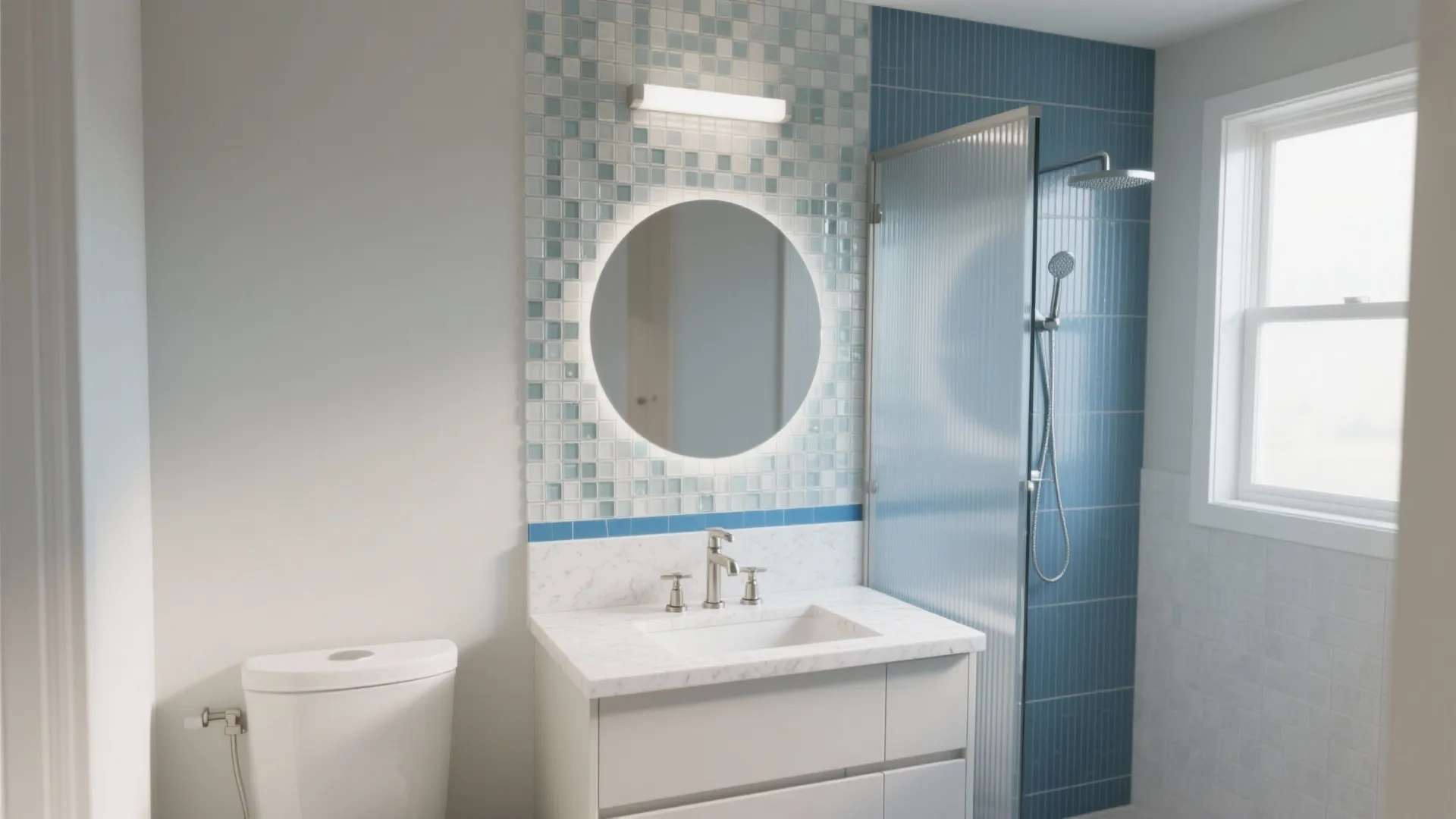 Bright bathroom interior with round mirror blue mosaic tiles white sink cabinet and glass shower door
