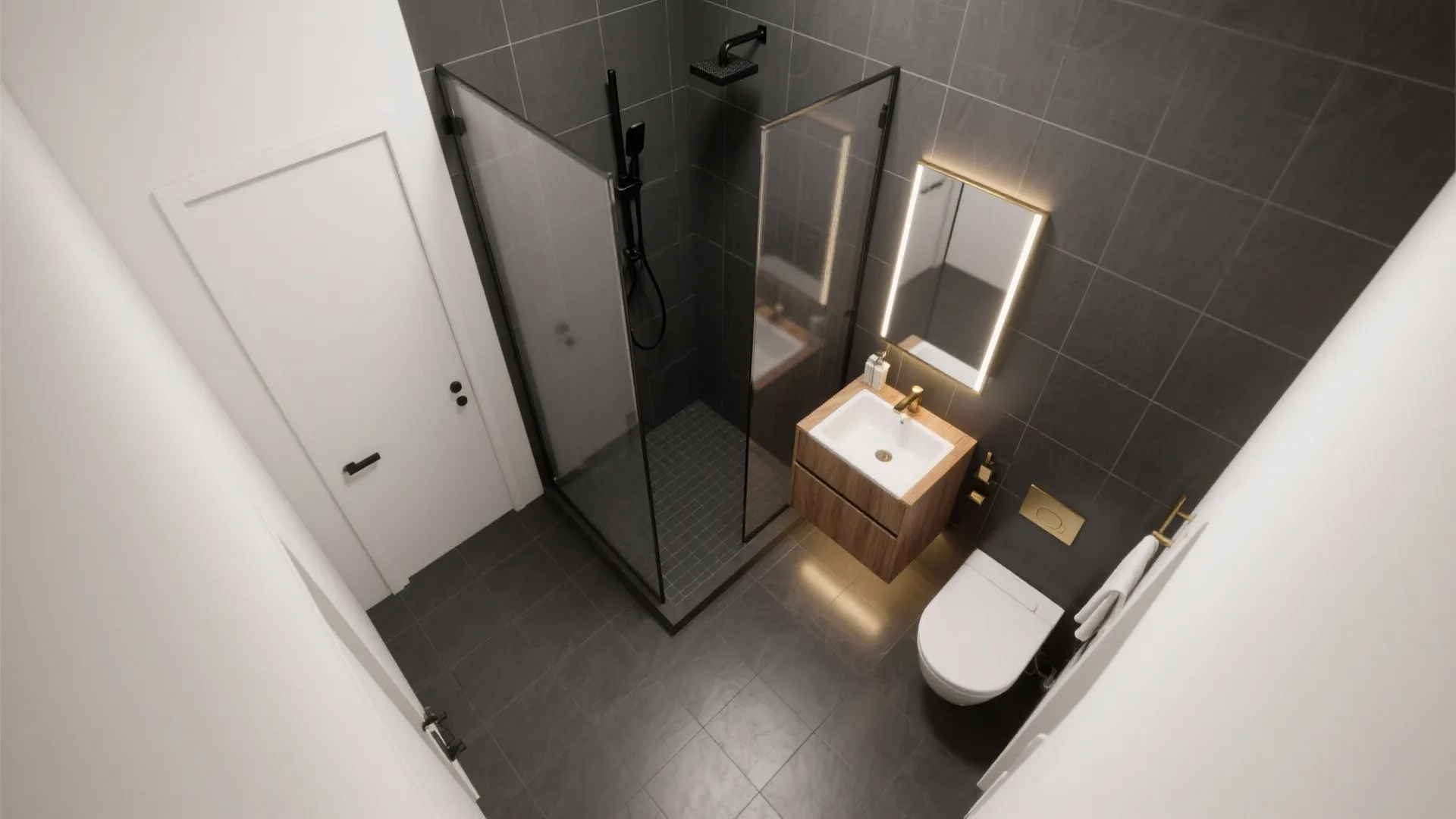 Top view of modern bathroom featuring dark wall tiles glass shower wooden vanity and white toilet