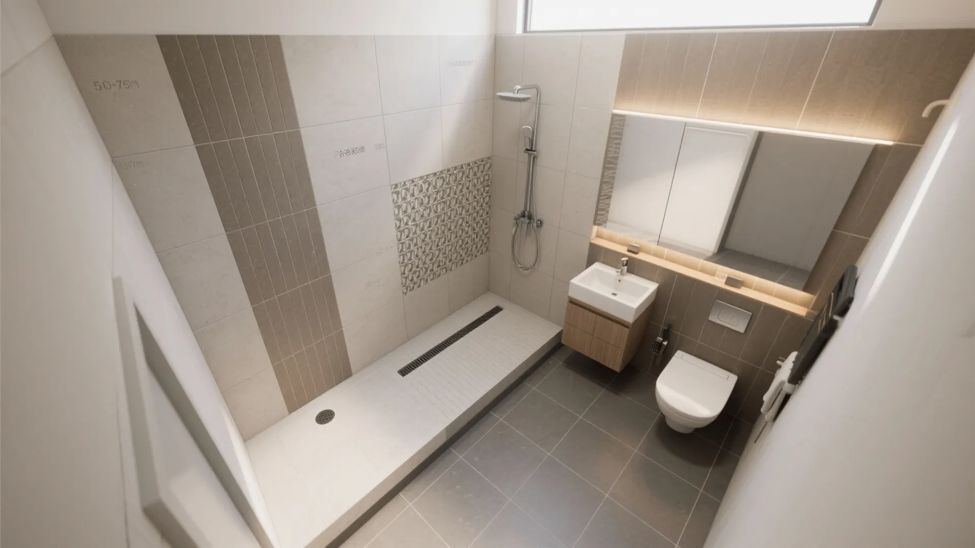 Top down interior design drawing of a modern bathroom with shower area sink and toilet