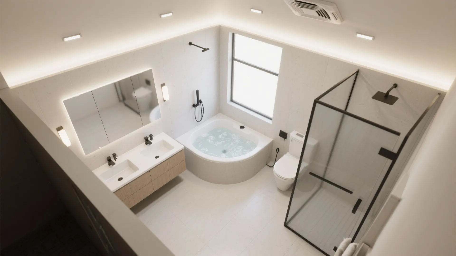 Top view of a modern bathroom with corner bathtub double sink vanity and glass shower