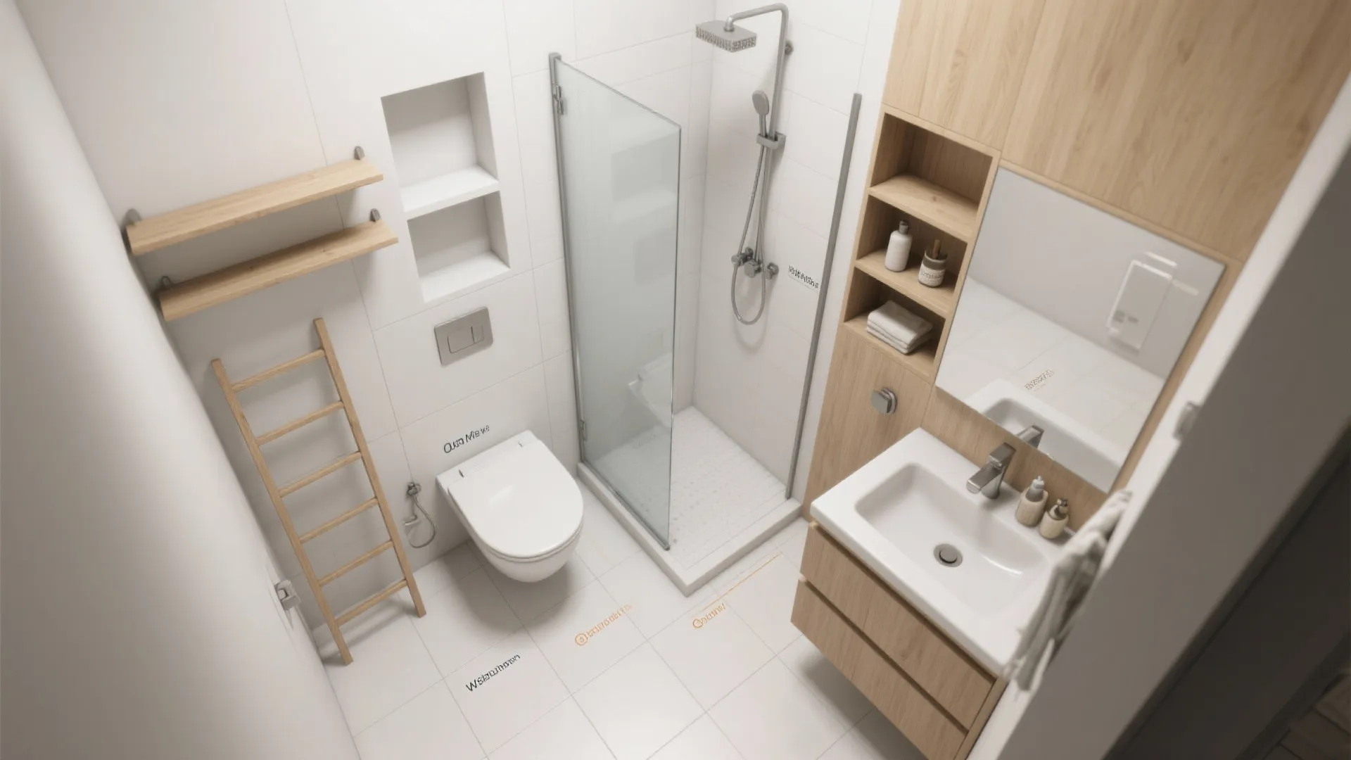 Small modern bathroom layout from above showing shower area white toilet and wood vanity cabinet