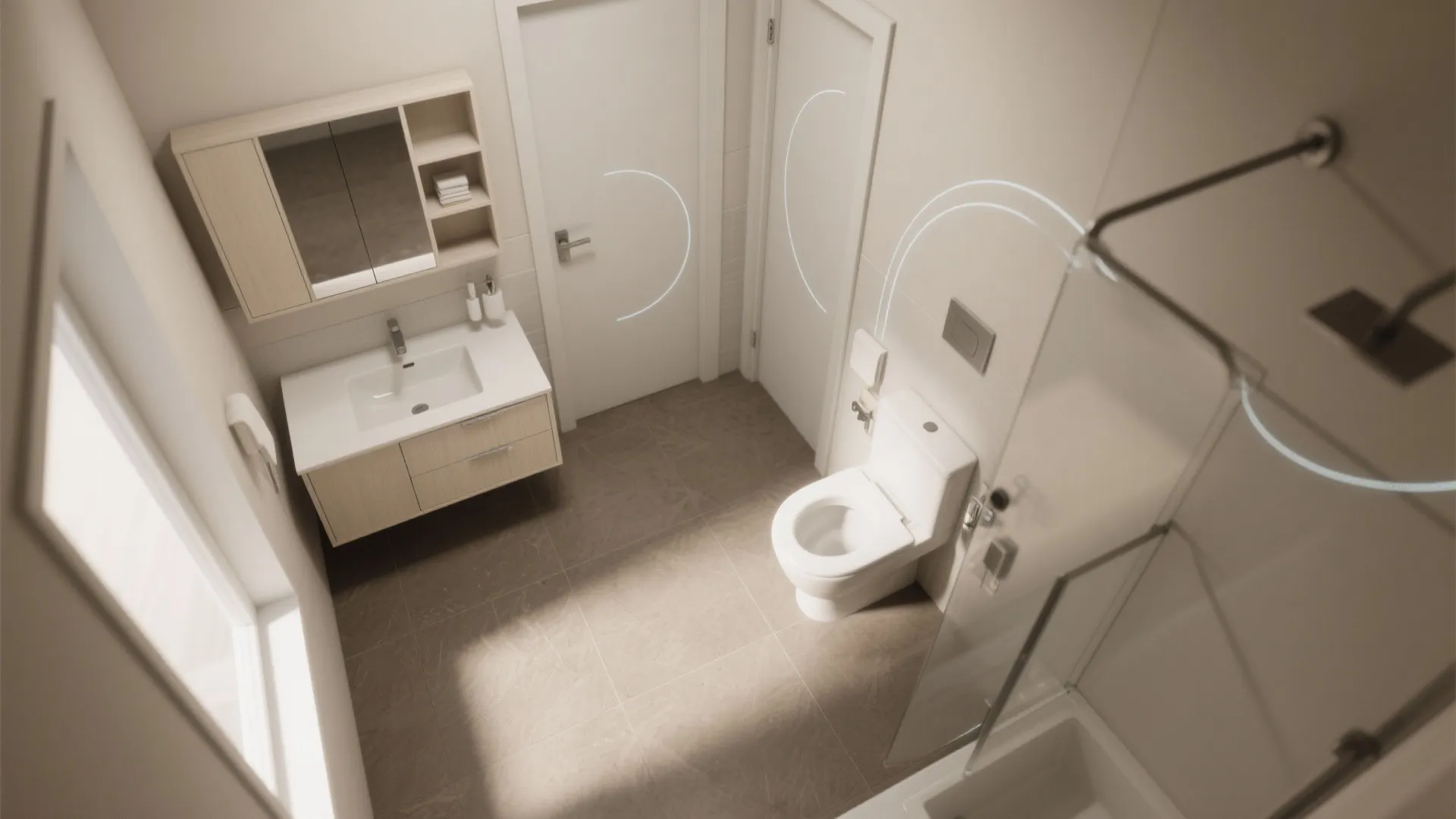 Top-down plan of a compact bathroom with a mirror cabinet, door swing arcs, and a clear circulation path.