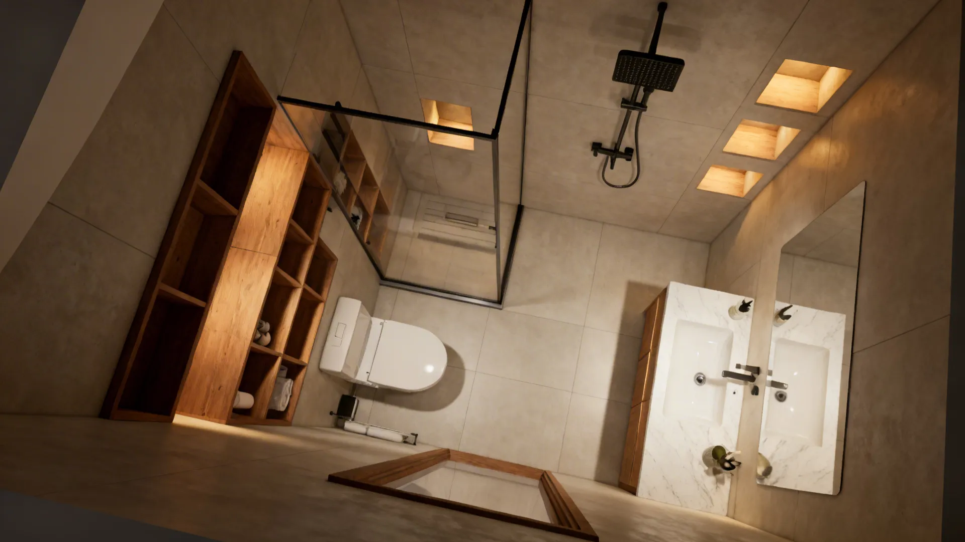 Top-down view of a small bathroom showing recessed storage and clear circulation.