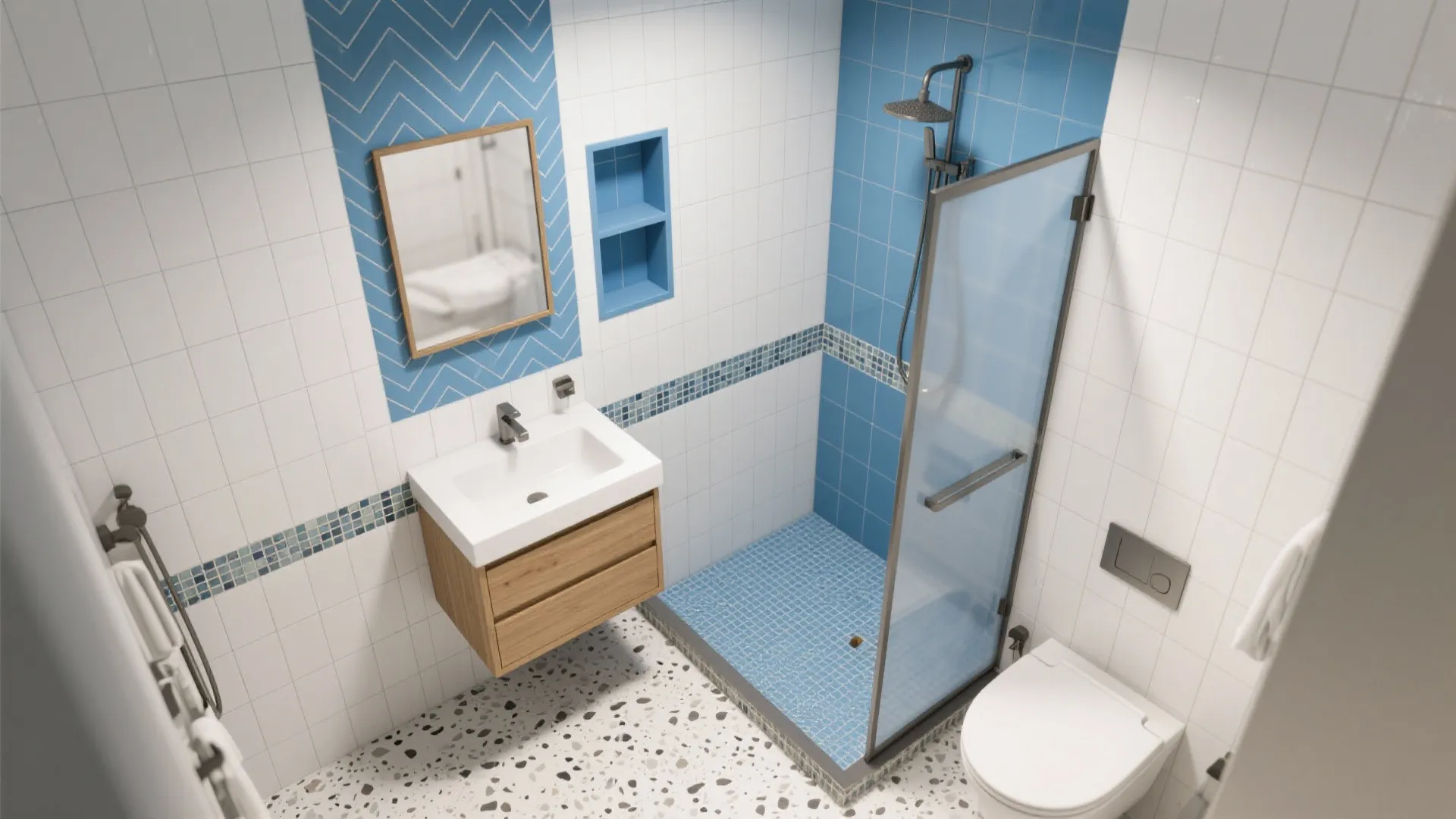 Modern bathroom with blue tiles wooden cabinet white sink glass shower door and speckled floor tiles