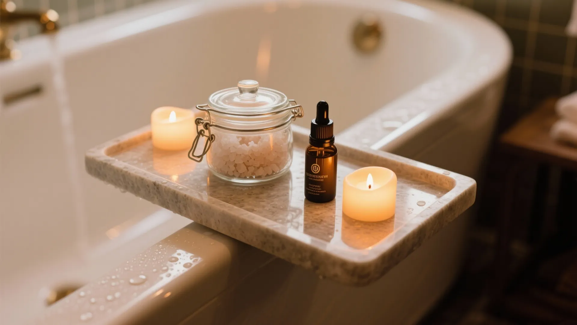 Marble bathtub tray holding glass jar with bath salts oil bottle and two burning candles