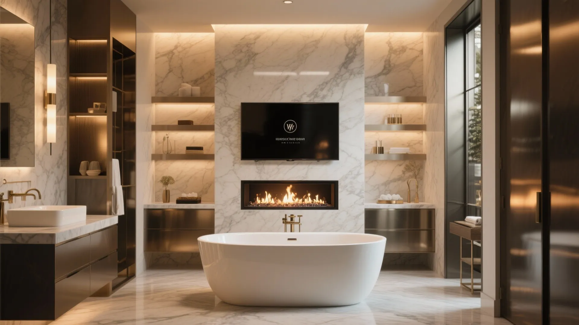 Modern marble bathroom with white oval bathtub wall mounted television and small fireplace below screen