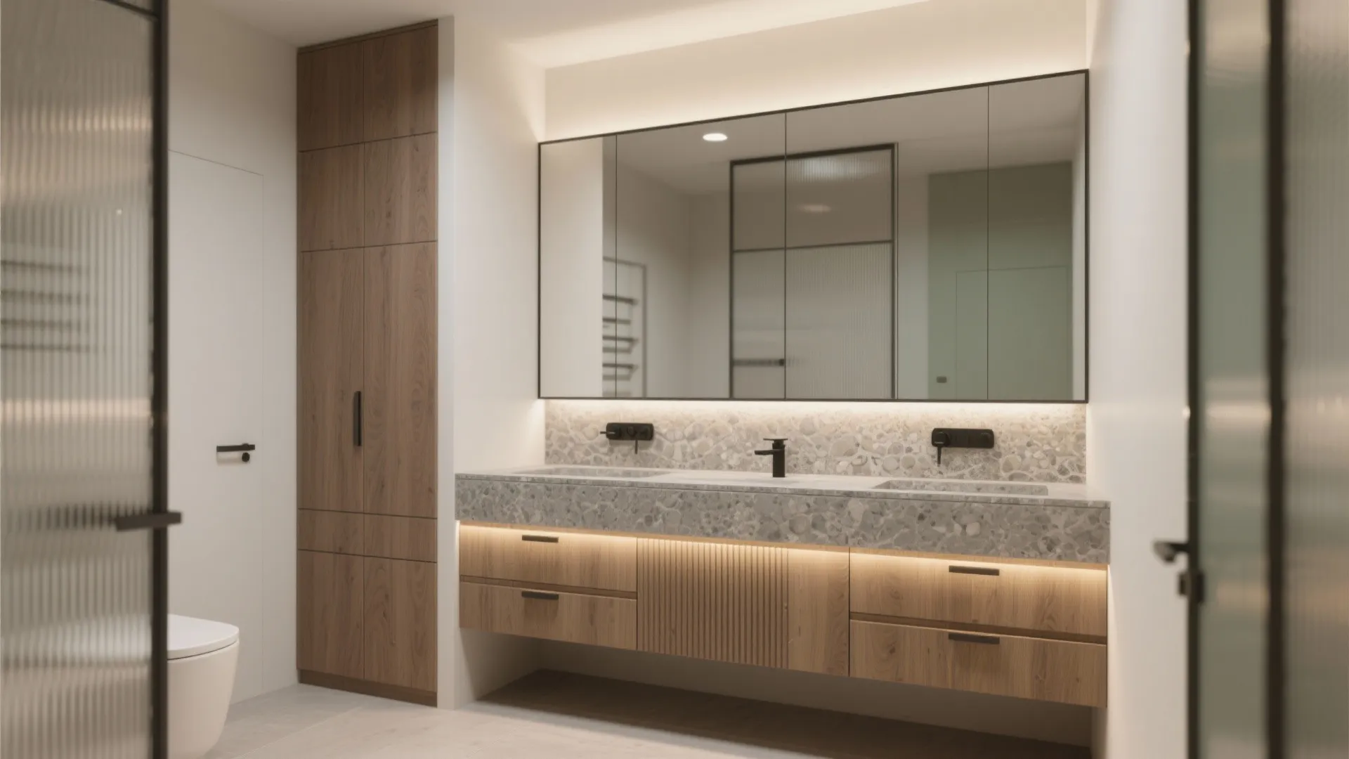 Spacious bathroom with large mirror double sink wood cabinet stone wall and warm hidden lights