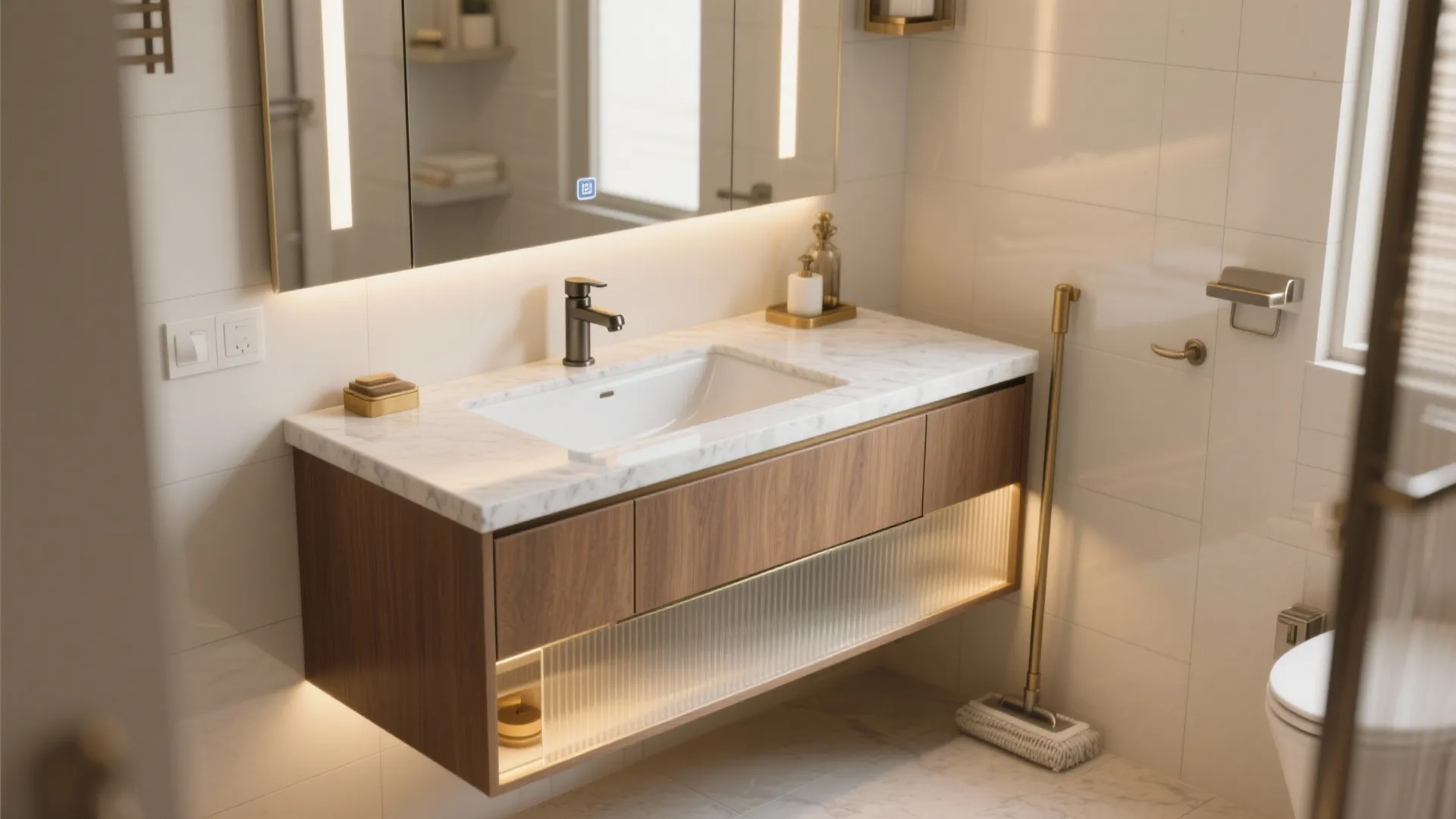 Modern bathroom with wood cabinet marble top sink mirror with light fixture and white walls