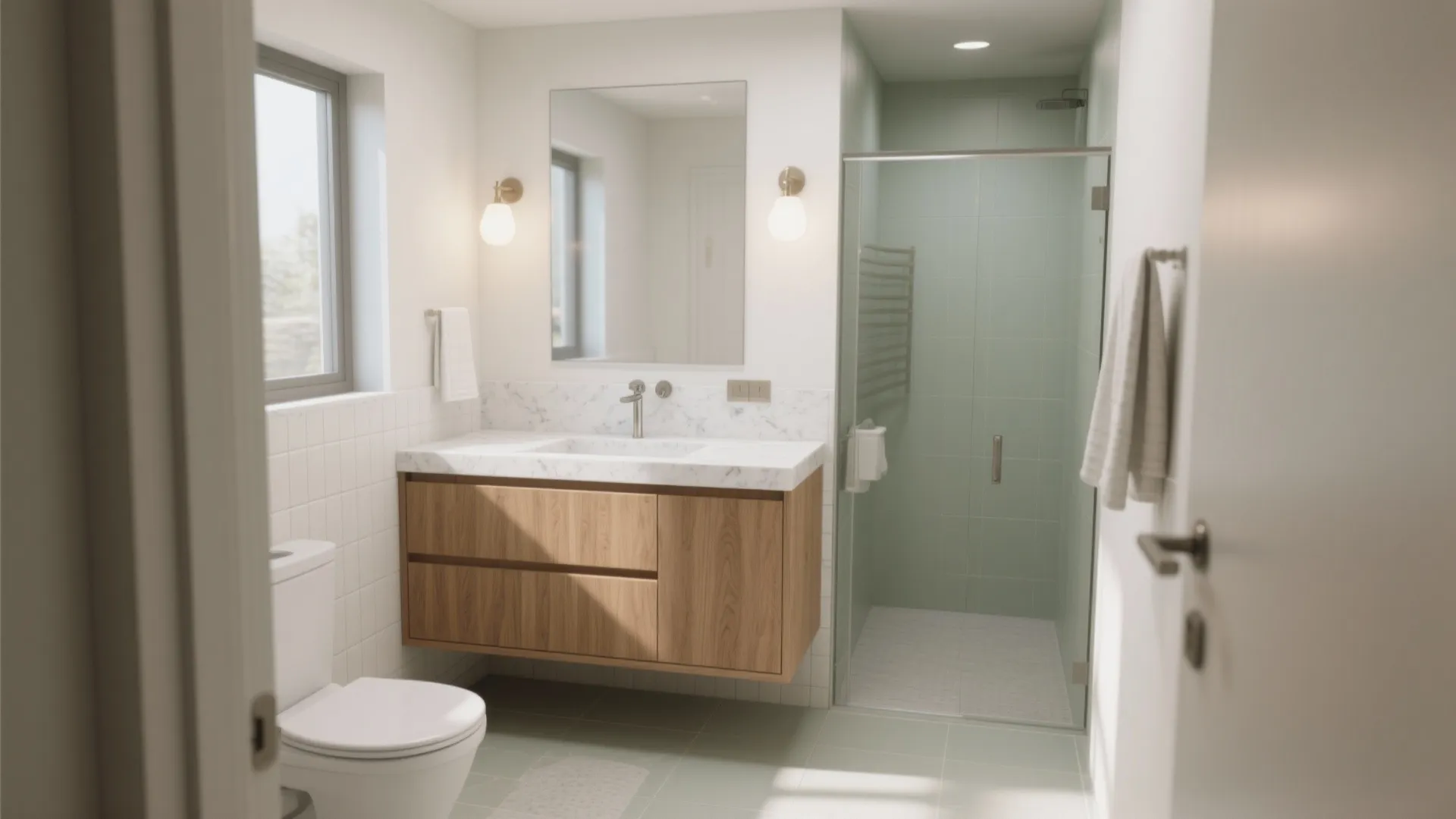 Modern bathroom with wooden cabinet marble sink white toilet glass shower door and wall light