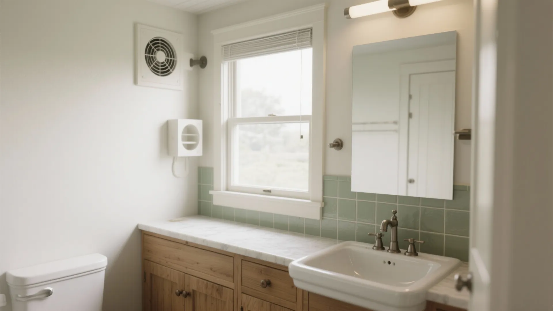 Bright bathroom interior with wooden cabinet marble countertop white sink green wall tiles and window