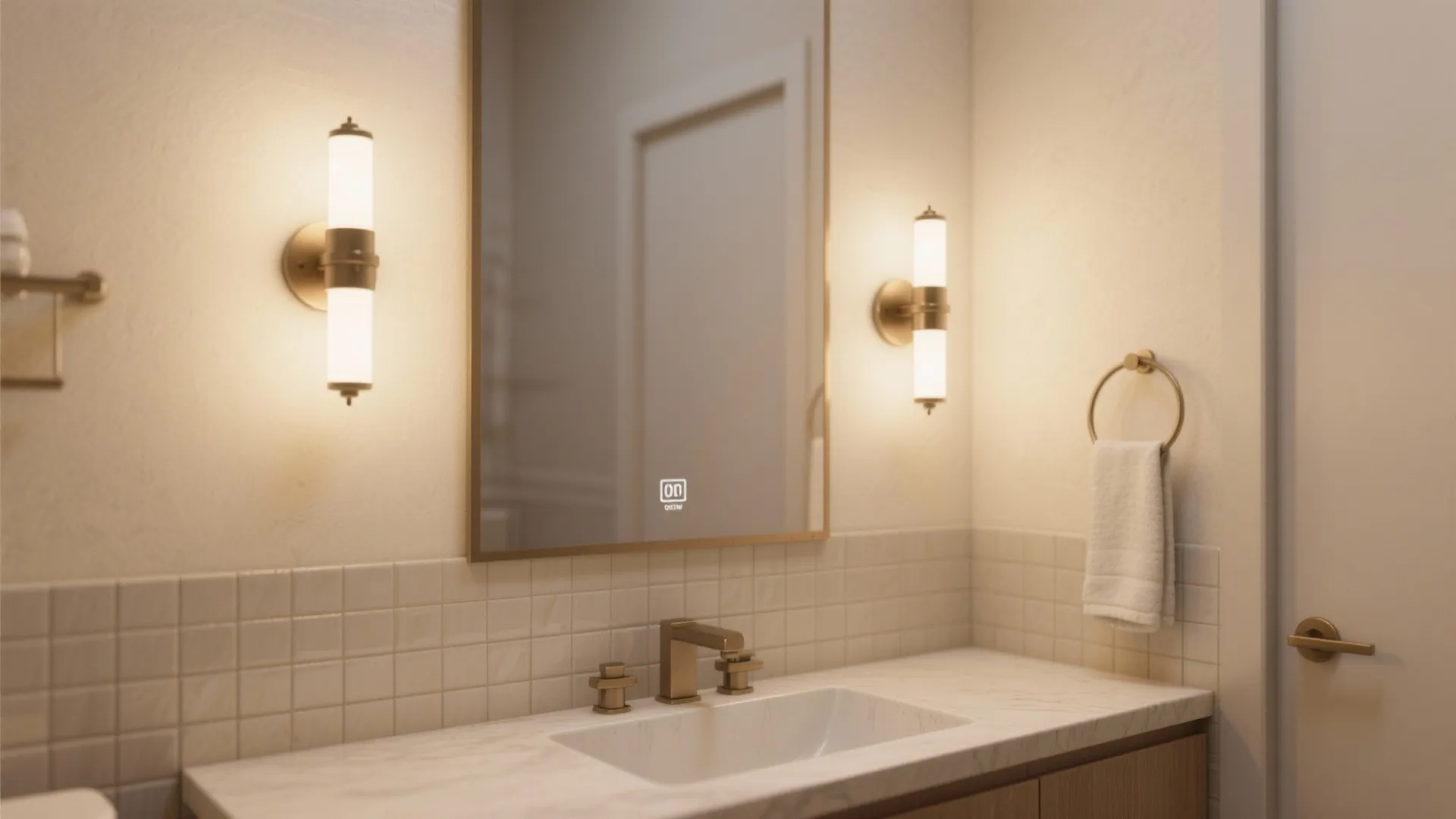 Bathroom interior design with marble counter top two wall lights a mirror and white tiles