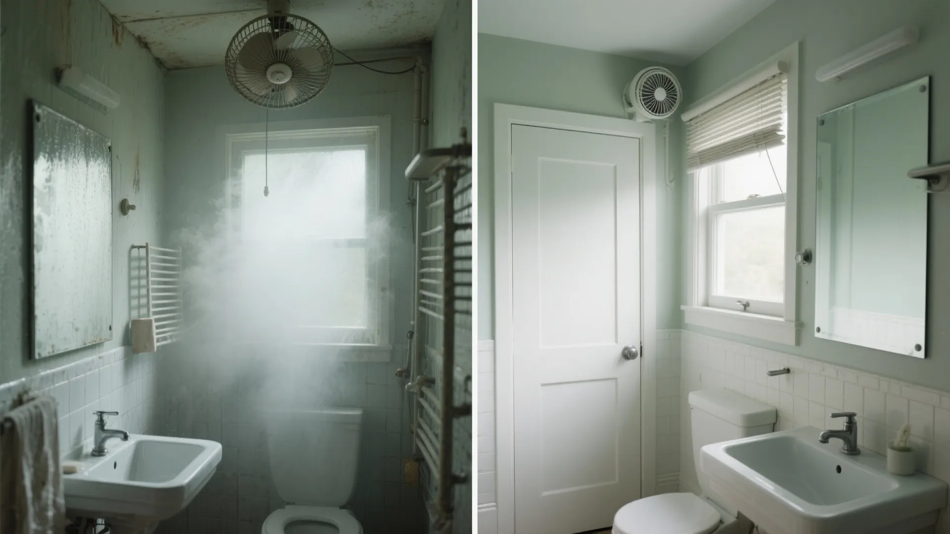 Before/after of a small bathroom showing foggy mirrors versus clear air with improved ventilation.