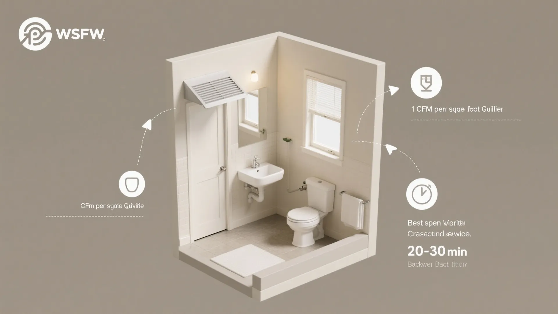 Top-down bathroom diagram showing CFM sizing, timer use, undercut door, and exterior venting.