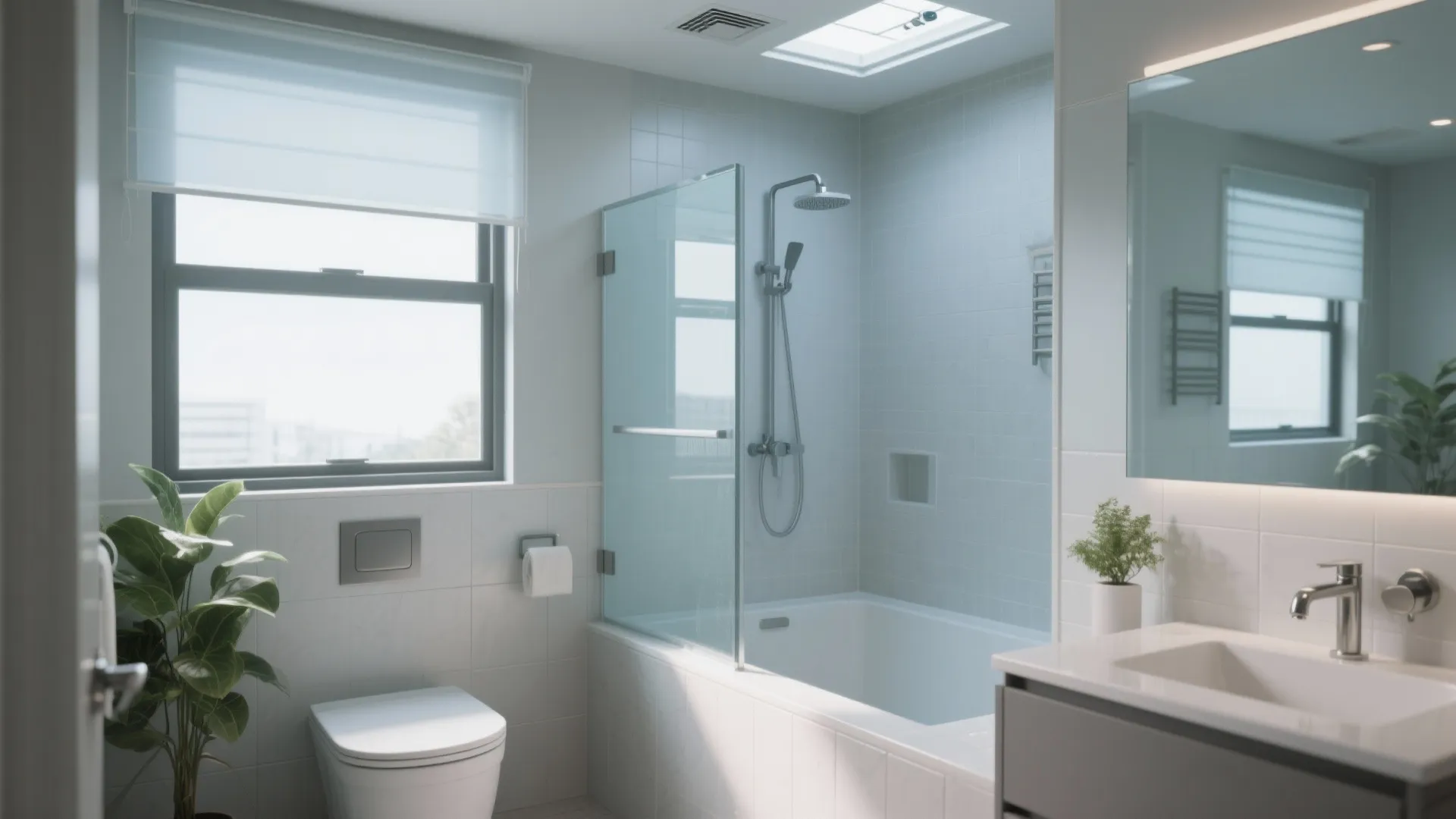 Bright white bathroom with bathtub toilet sink large window roof window and green potted plants