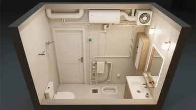 Modern Bathroom Design with Exposed Piping & Smart Layout
