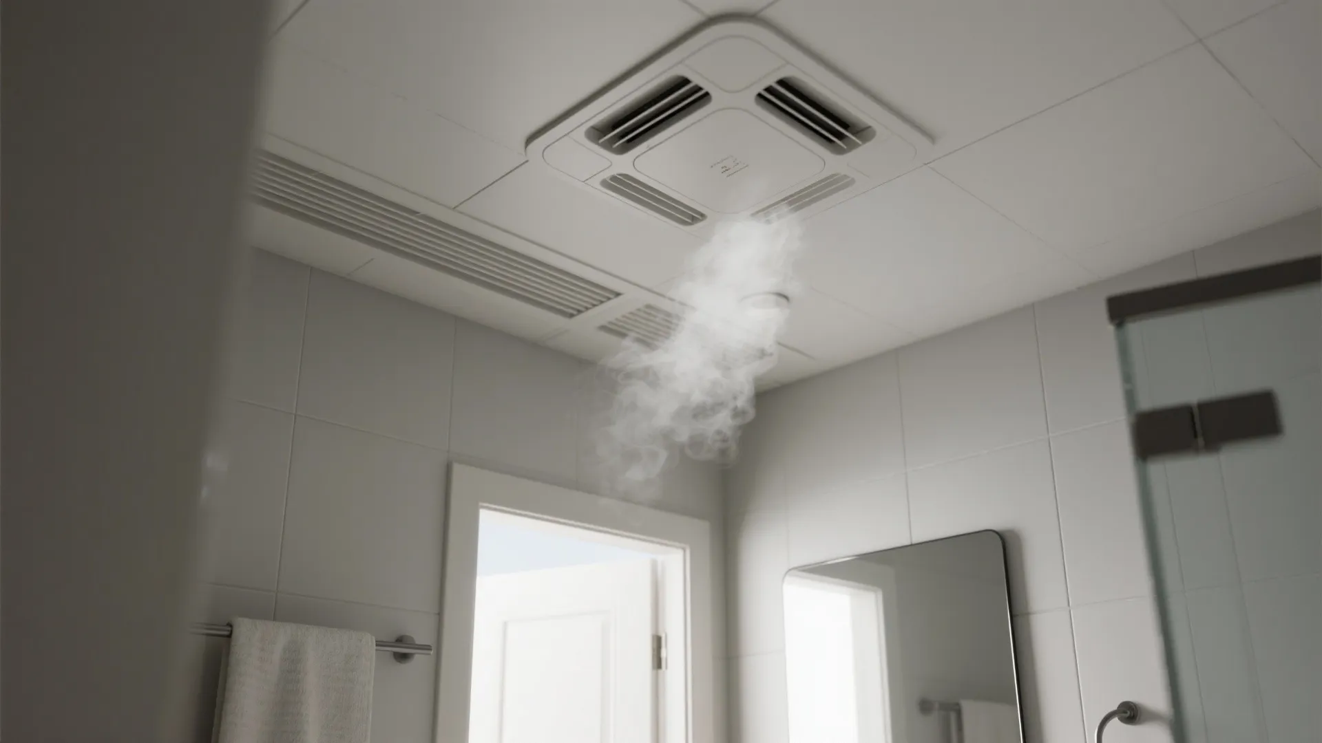White bathroom ceiling ventilation fan blowing steam above a mirror and tiled wall near doorway