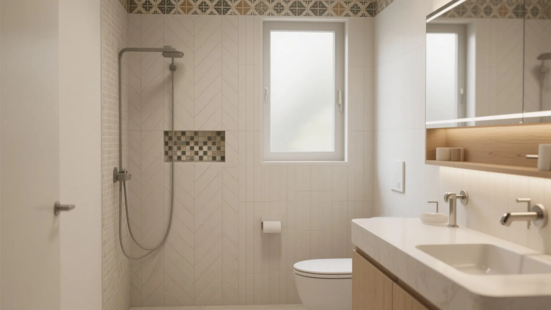 Modern bathroom with white wall tiles a shower head toilet sink and a small window