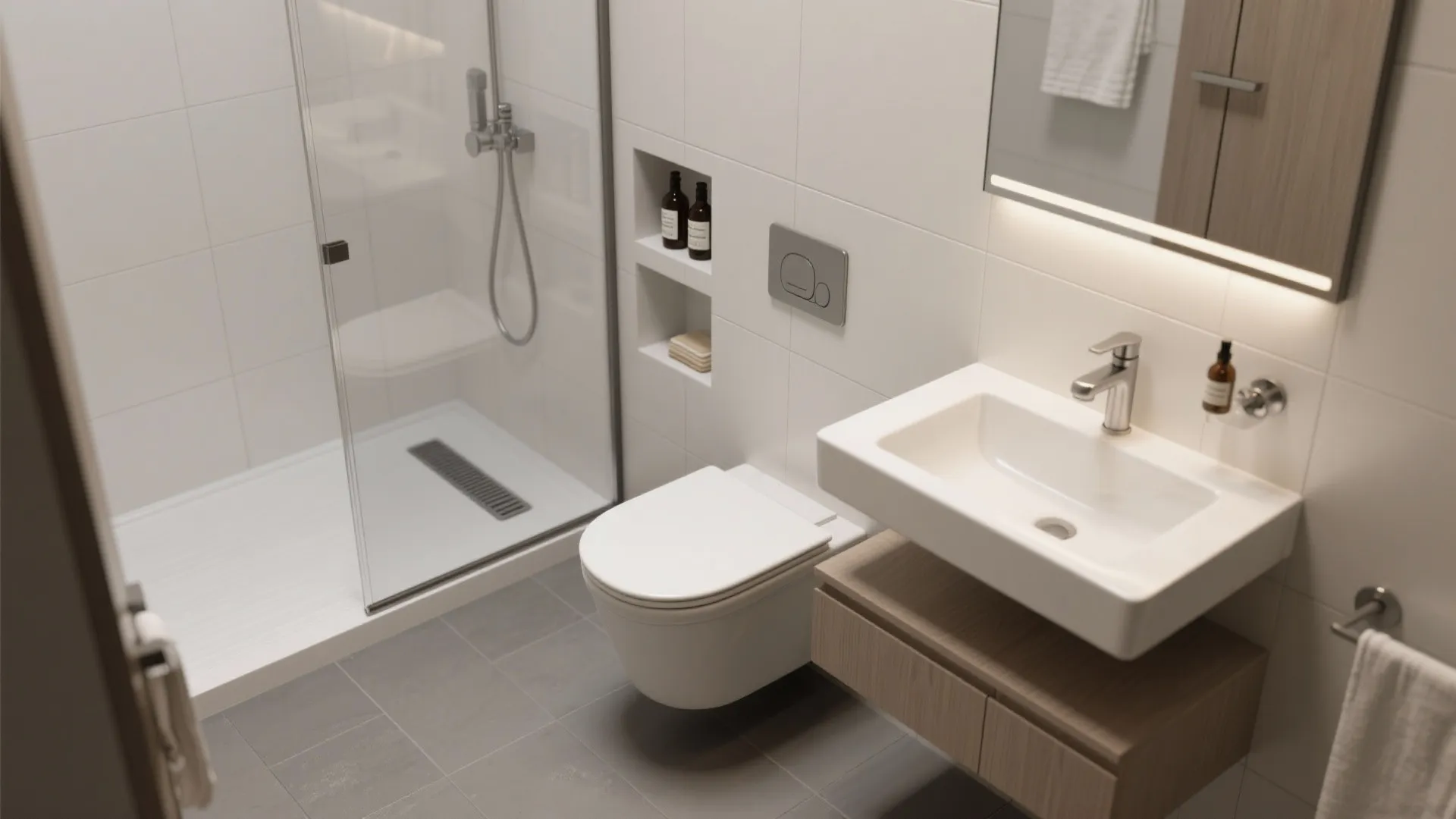Modern white bathroom with a glass shower walk in toilet sink and wooden storage cabinet